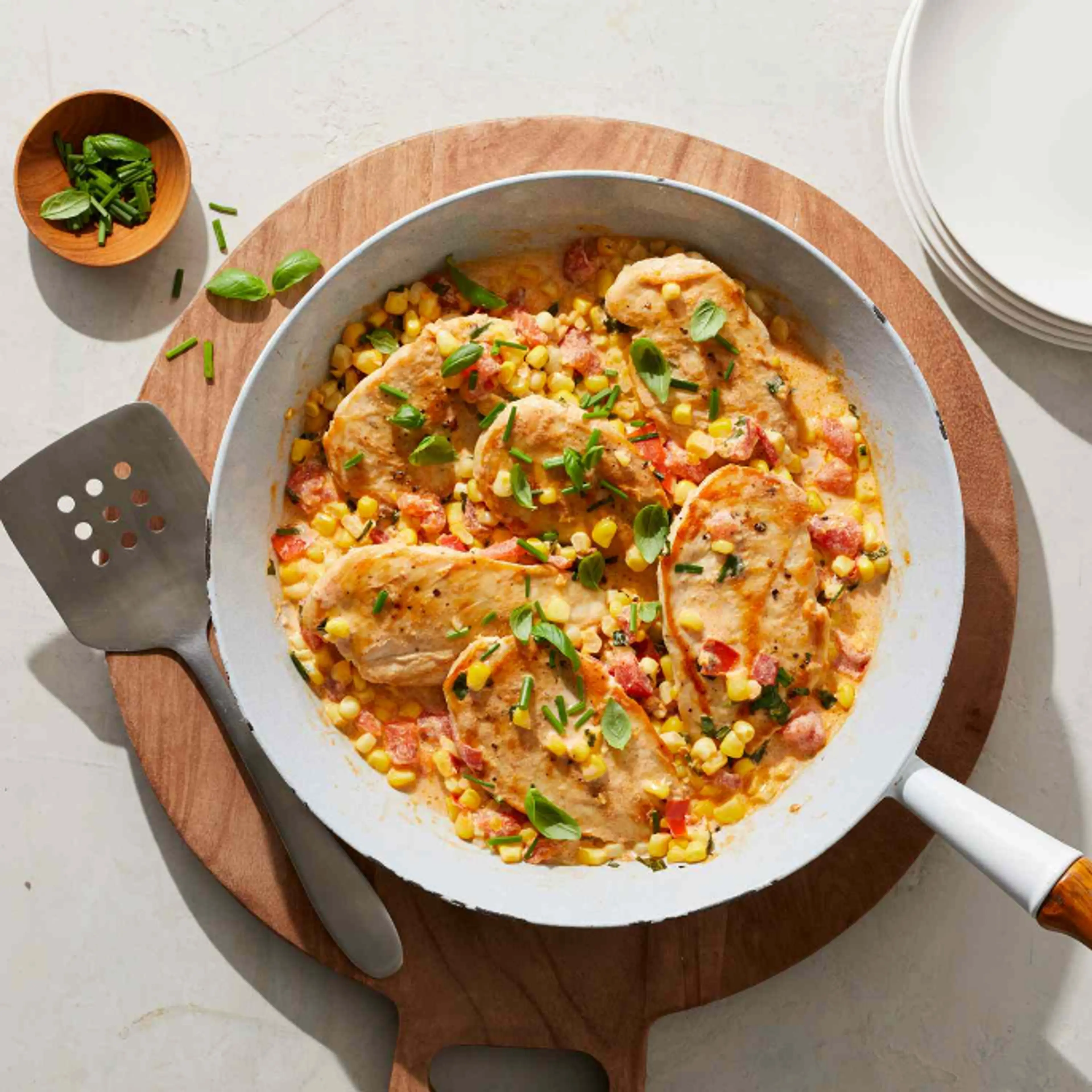 20-Minute Creamy Skillet Chicken with Corn, Tomato & Basil