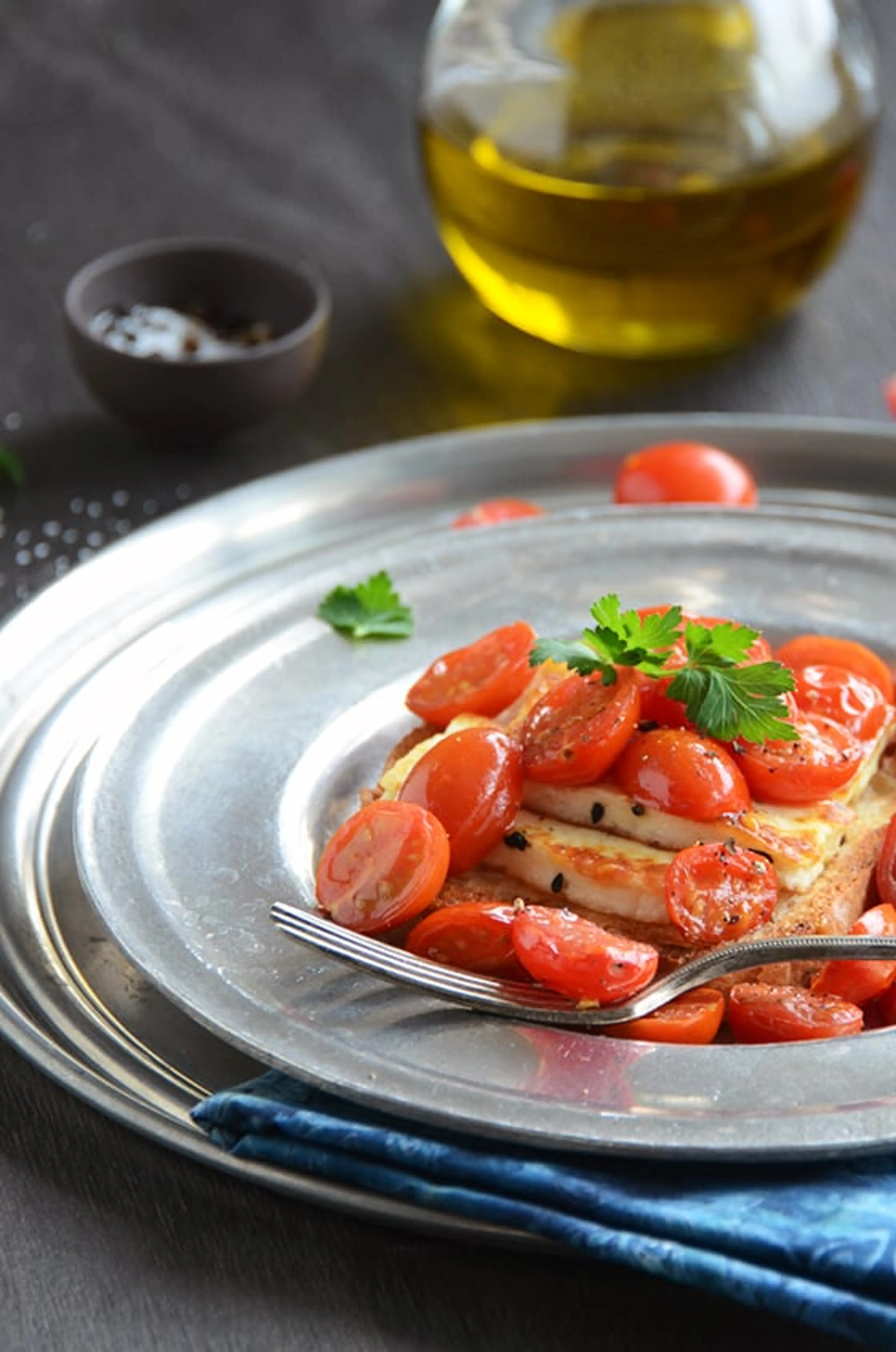 Fried Cheese with Warm Tomatoes