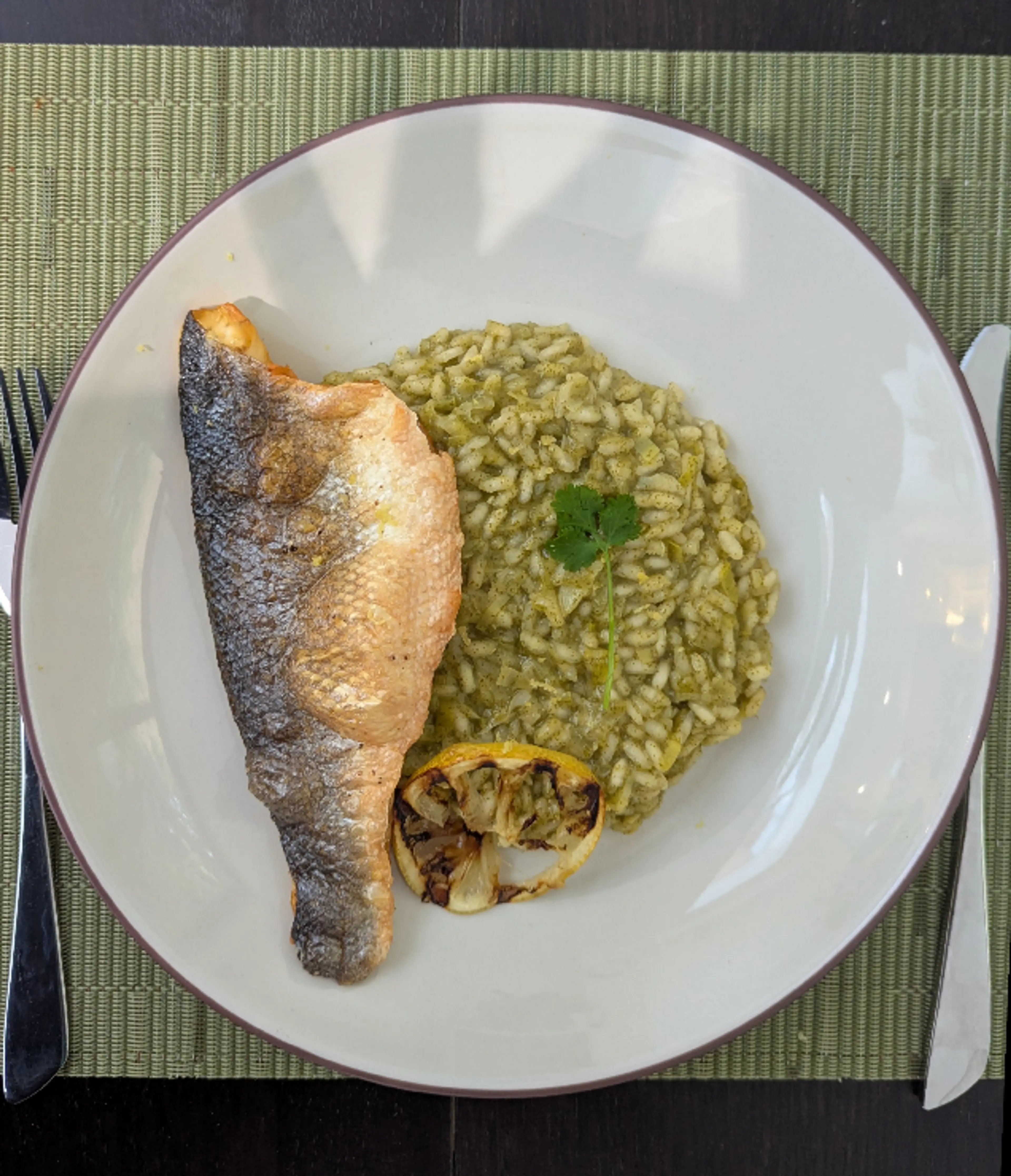 Crispy Skin Sea Bass On Green Lemony Risotto