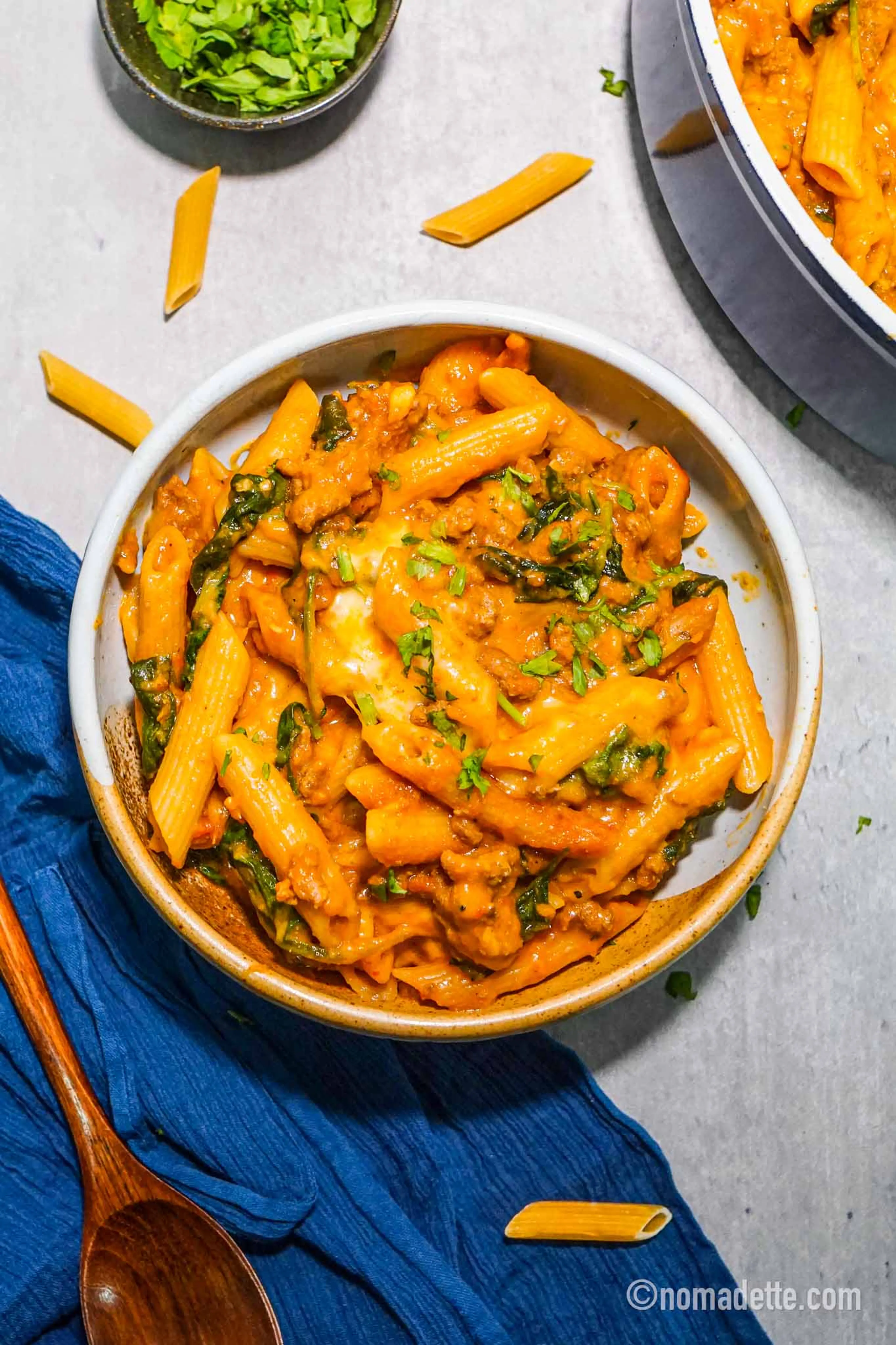 One Pot Creamy Tomato Pasta (with beef and spinach)