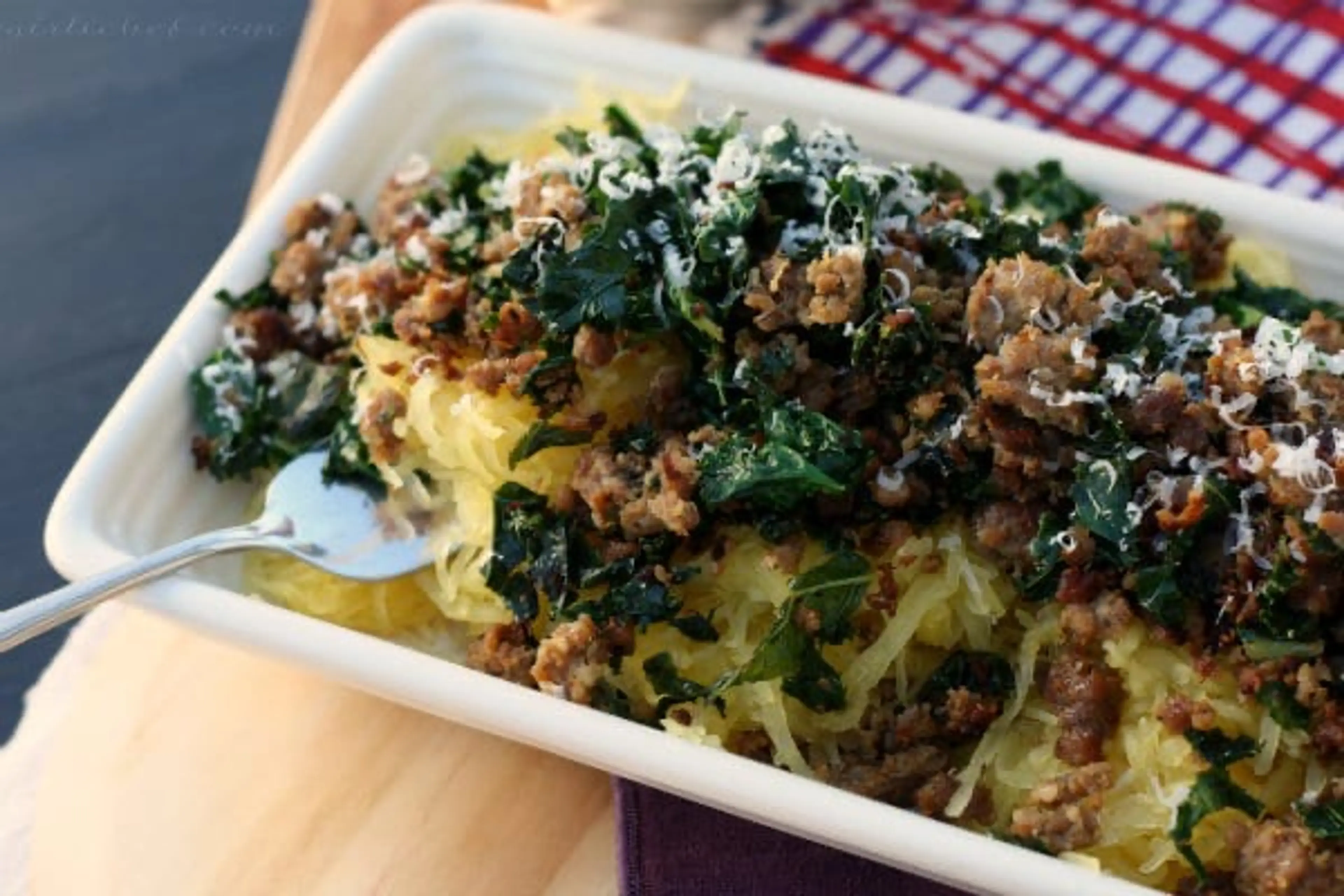 Spaghetti Squash Gratin with Kale and Sweet Italian Sausage