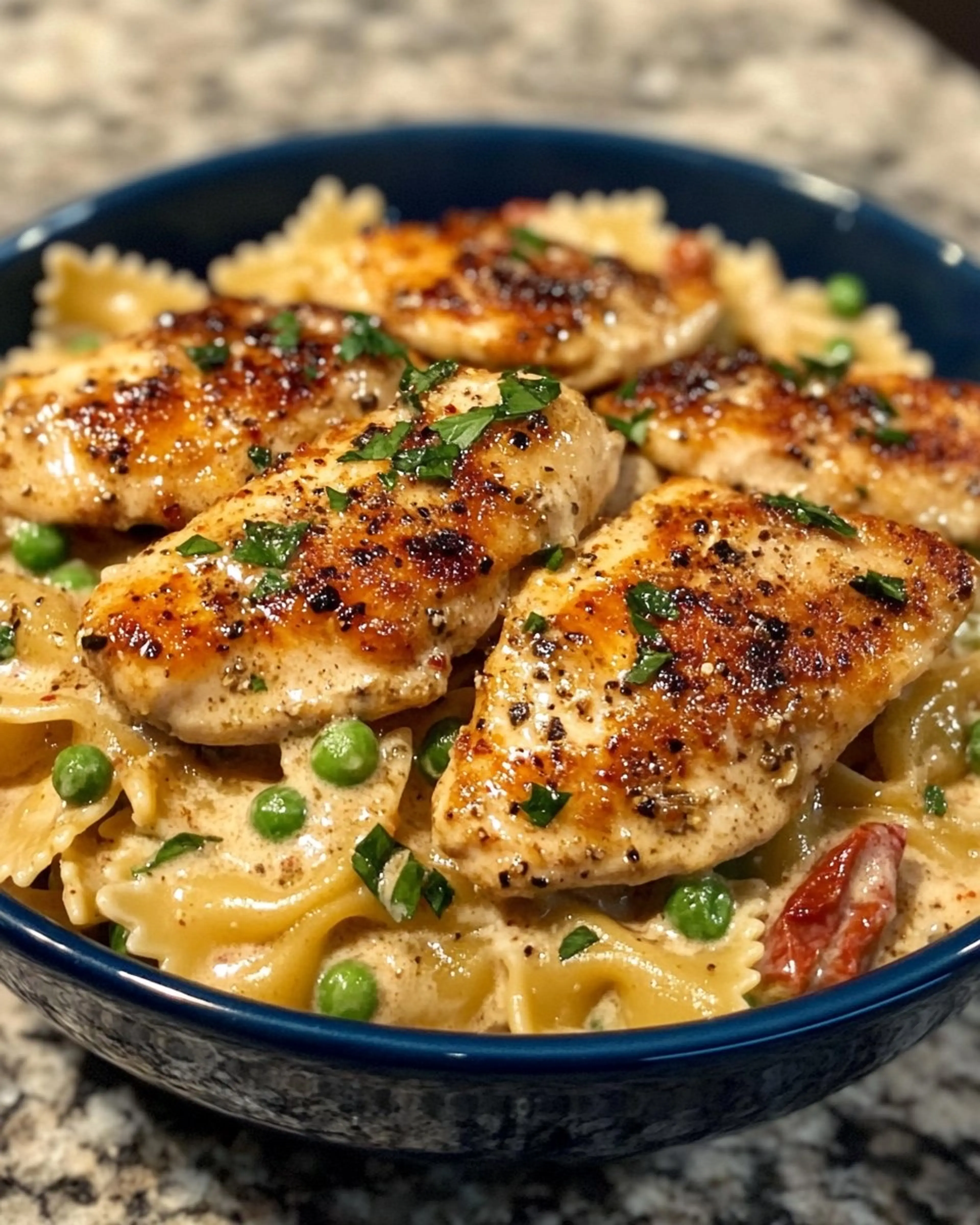 Garlic Butter Chicken Bites with Creamy Bowtie Noodles