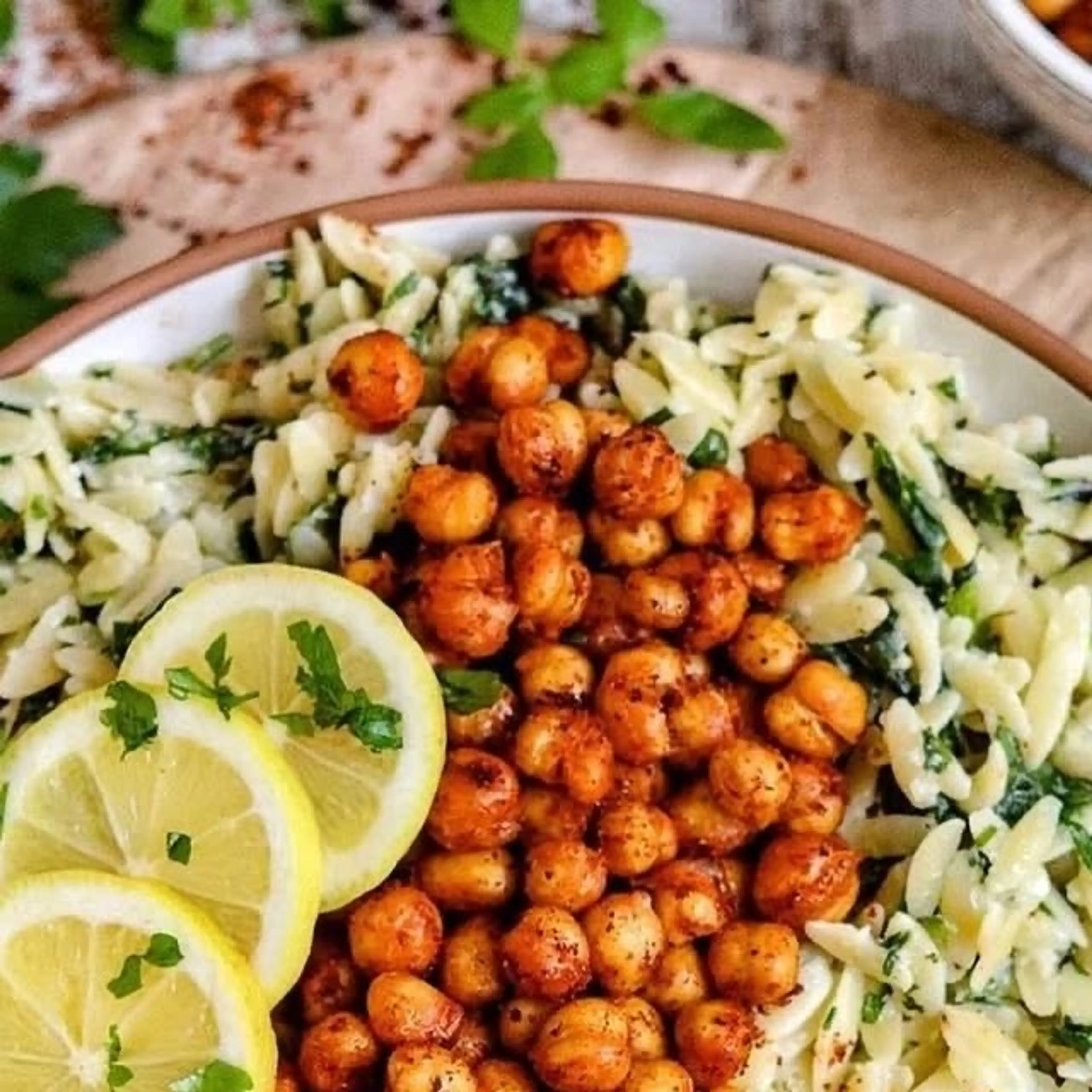 Herby Spinach Feta Orzo with Crispy Harissa Chickpeas