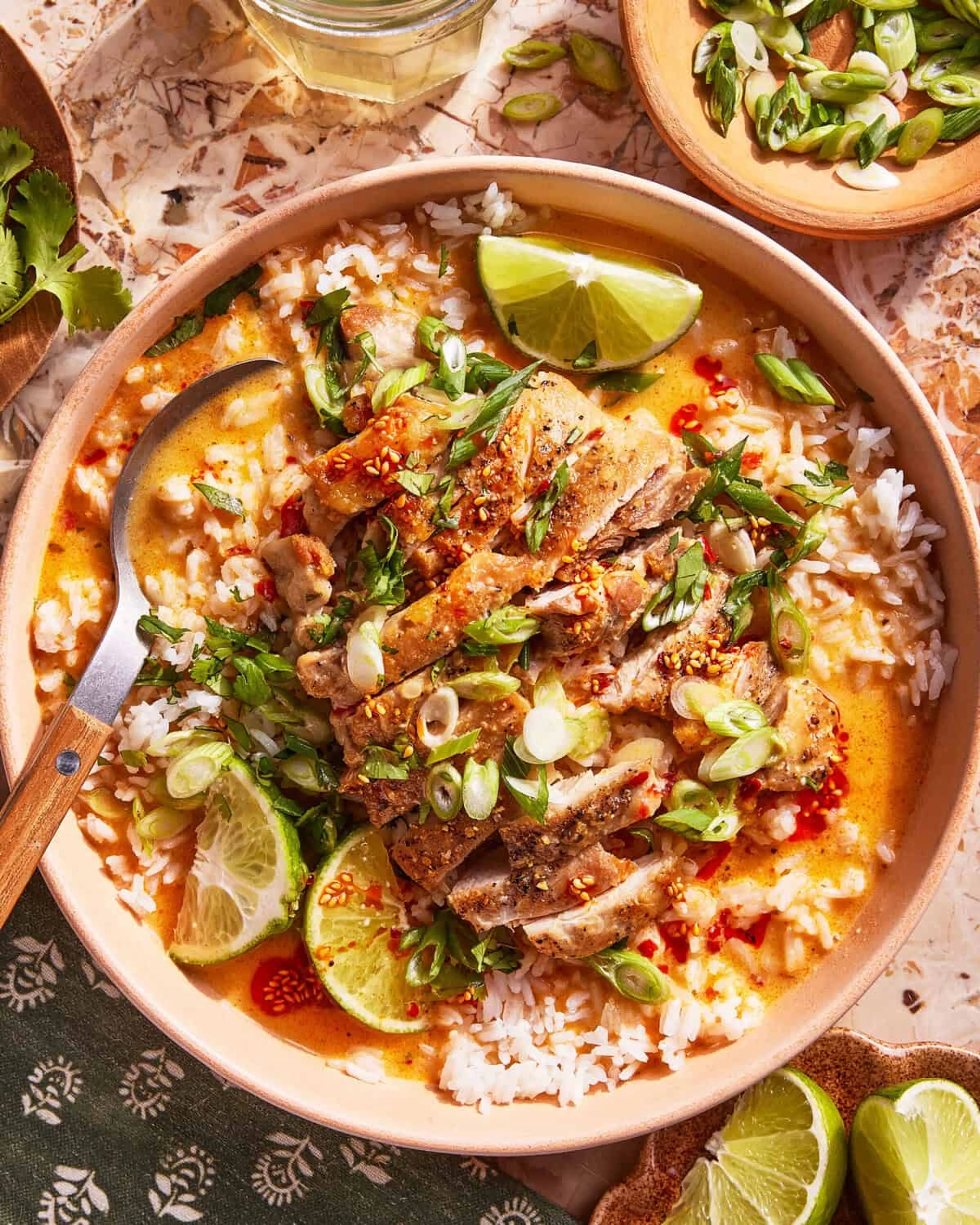 Pan Seared Chicken with Coconut Curry Brothy Rice