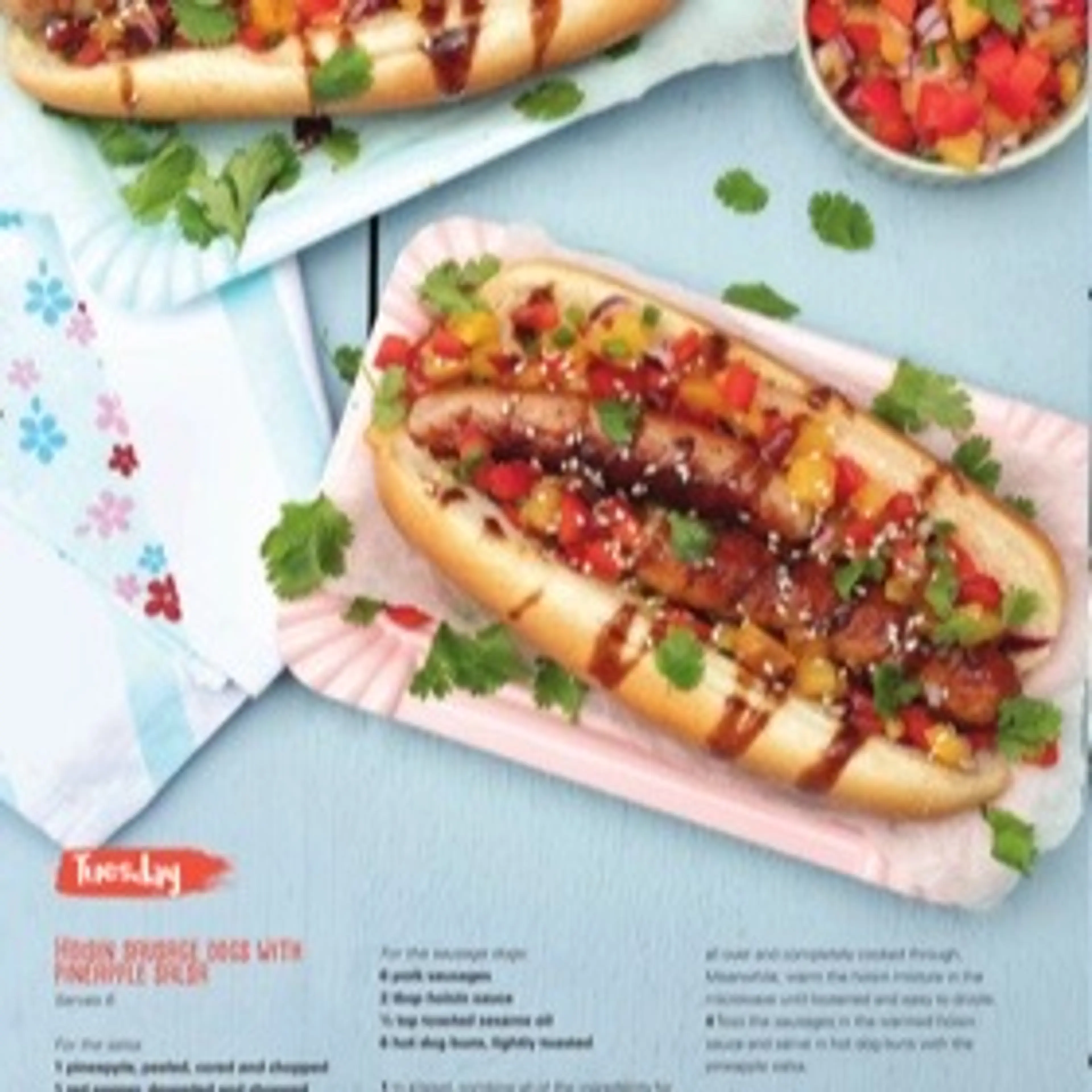 HOISIN SAUSAGE DOGS WITH PINERPPLE SALSA