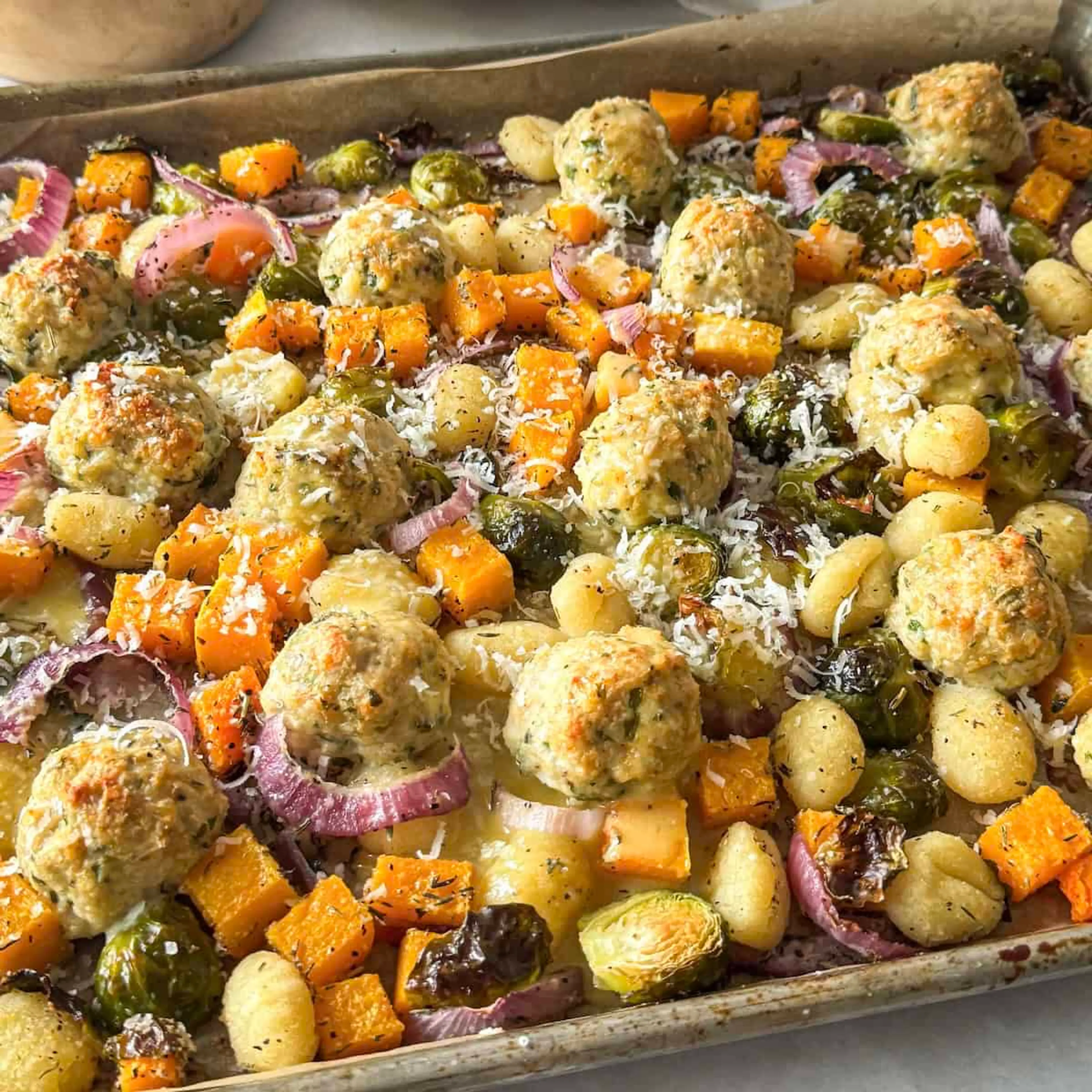 Fall Sheet Pan Gnocchi and Meatballs with Lemon Sauce