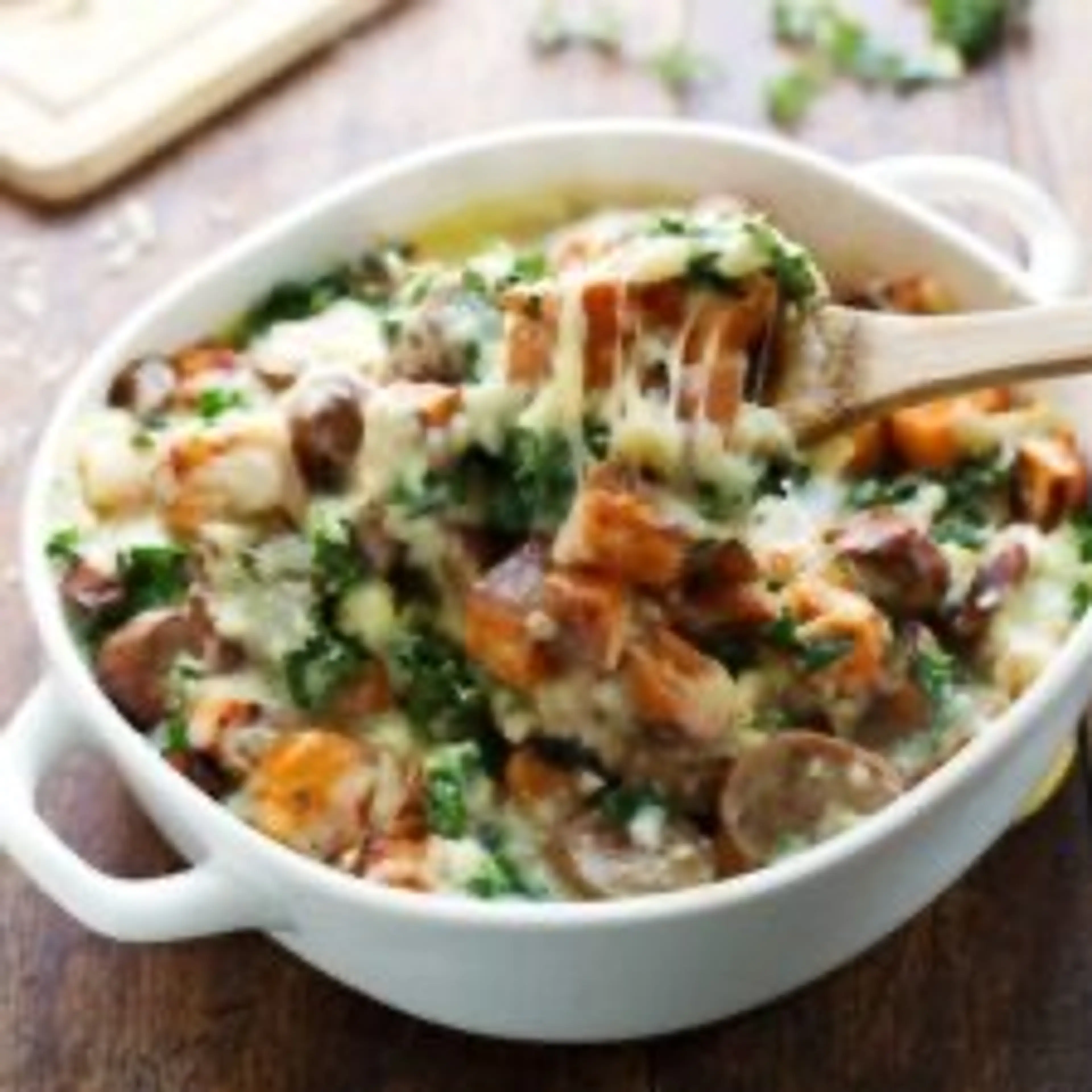Sweet Potato, Kale, and Sausage Bake with White Cheese Sauce