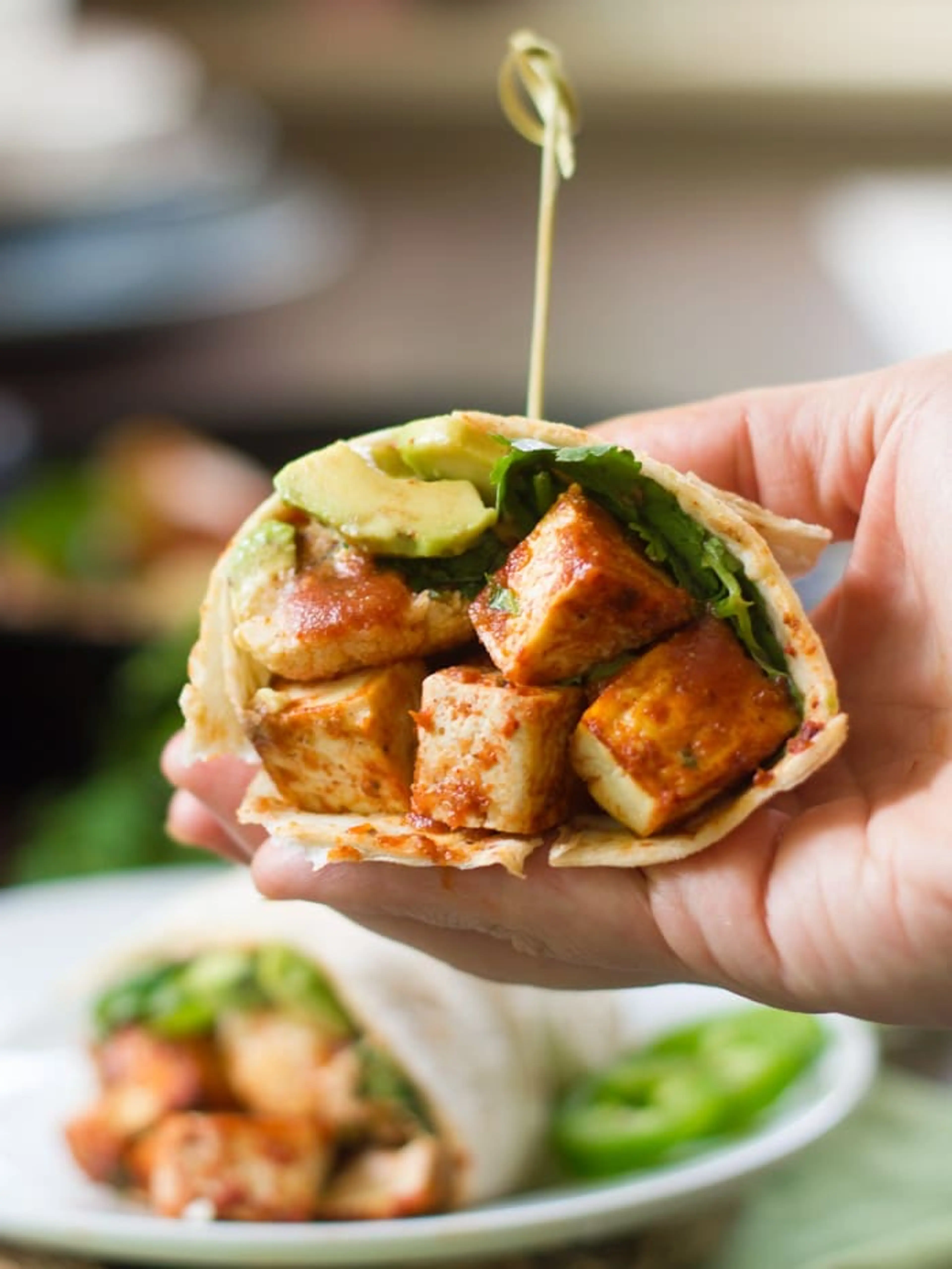 Garlic Roasted Cauliflower and Spicy Baked Tofu Burritos