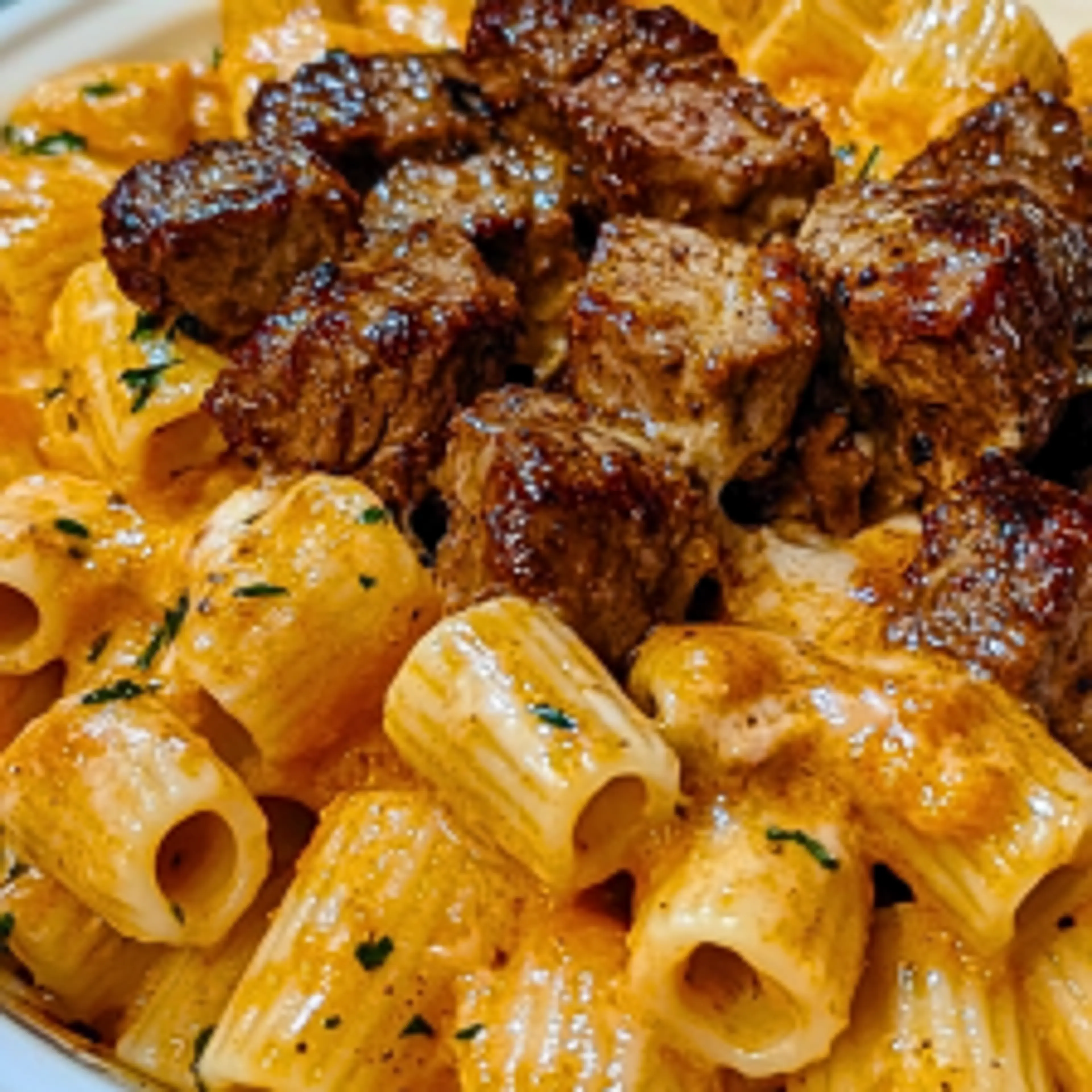 Cajun Steak Tips in Cheesy Rigatoni Parmesan Sauce