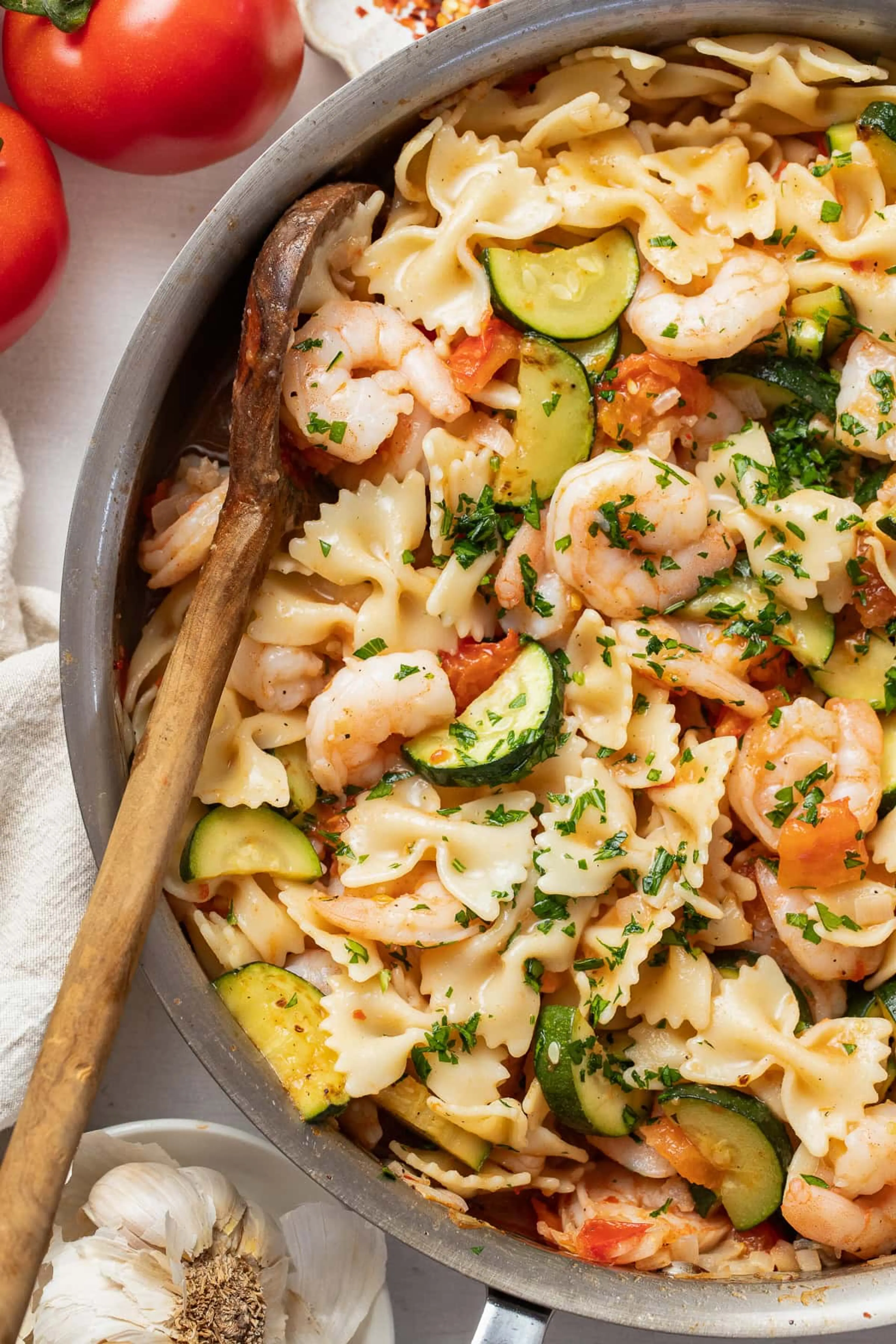 Shrimp and Zucchini Pasta in Light Tomato Sauce