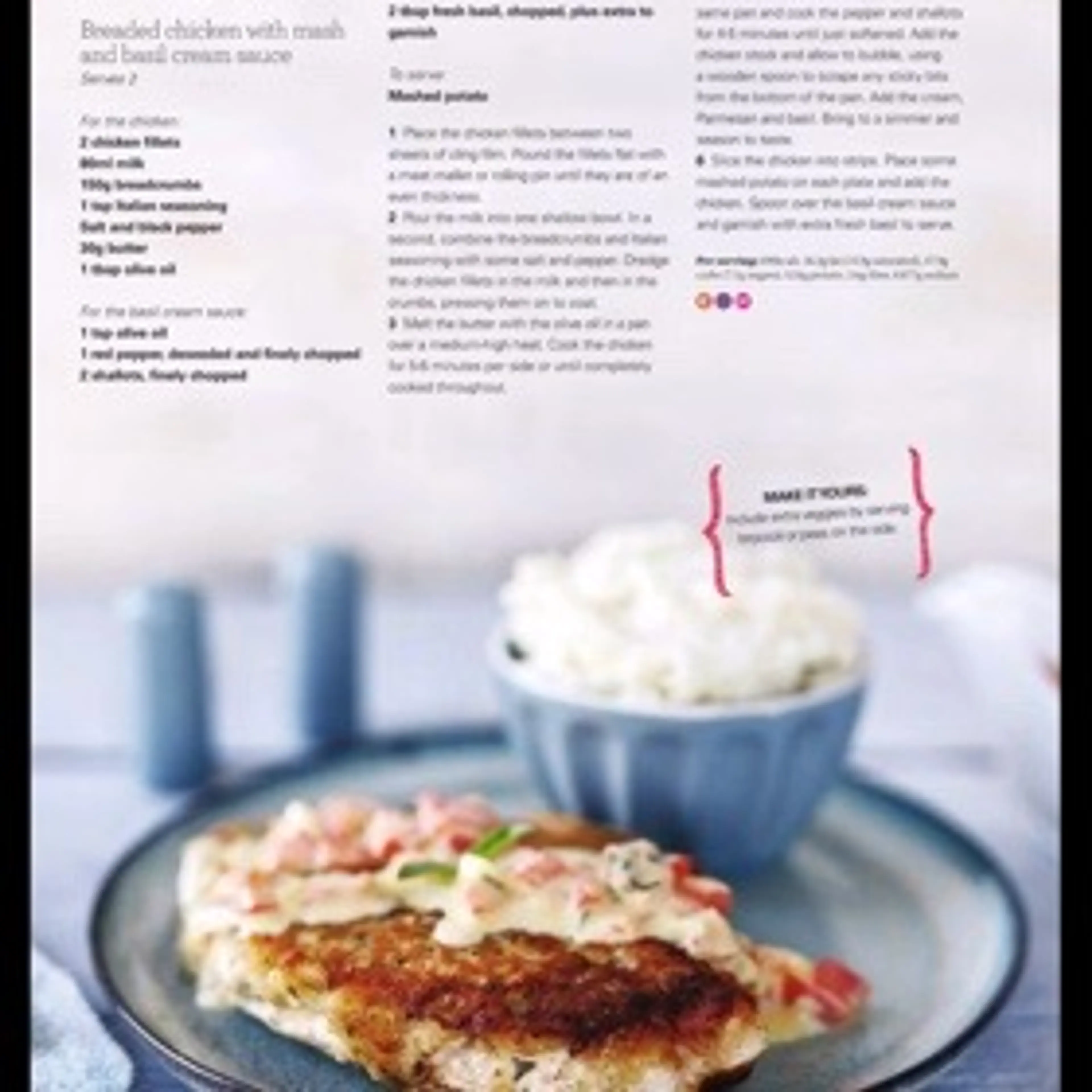 Breaded chicken with mash and basil cream sauce