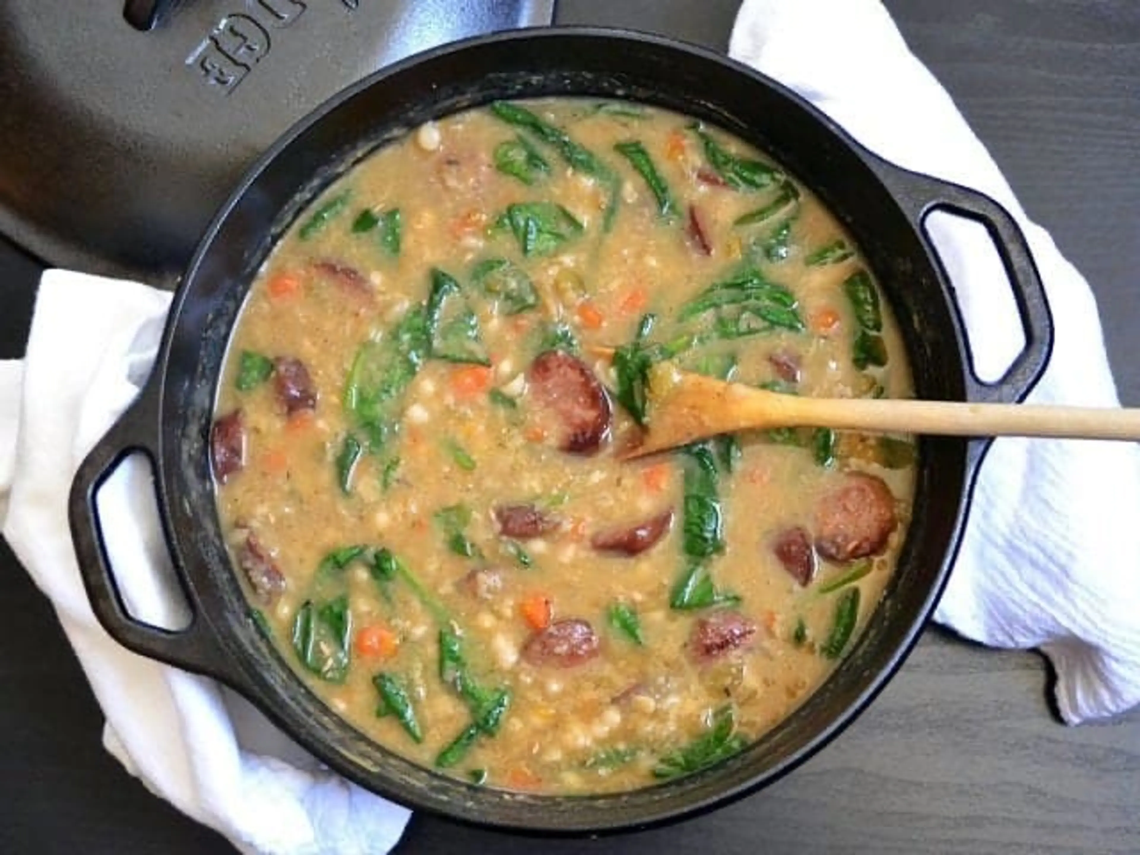 Navy Bean Soup with Smoked Sausage and Spinach