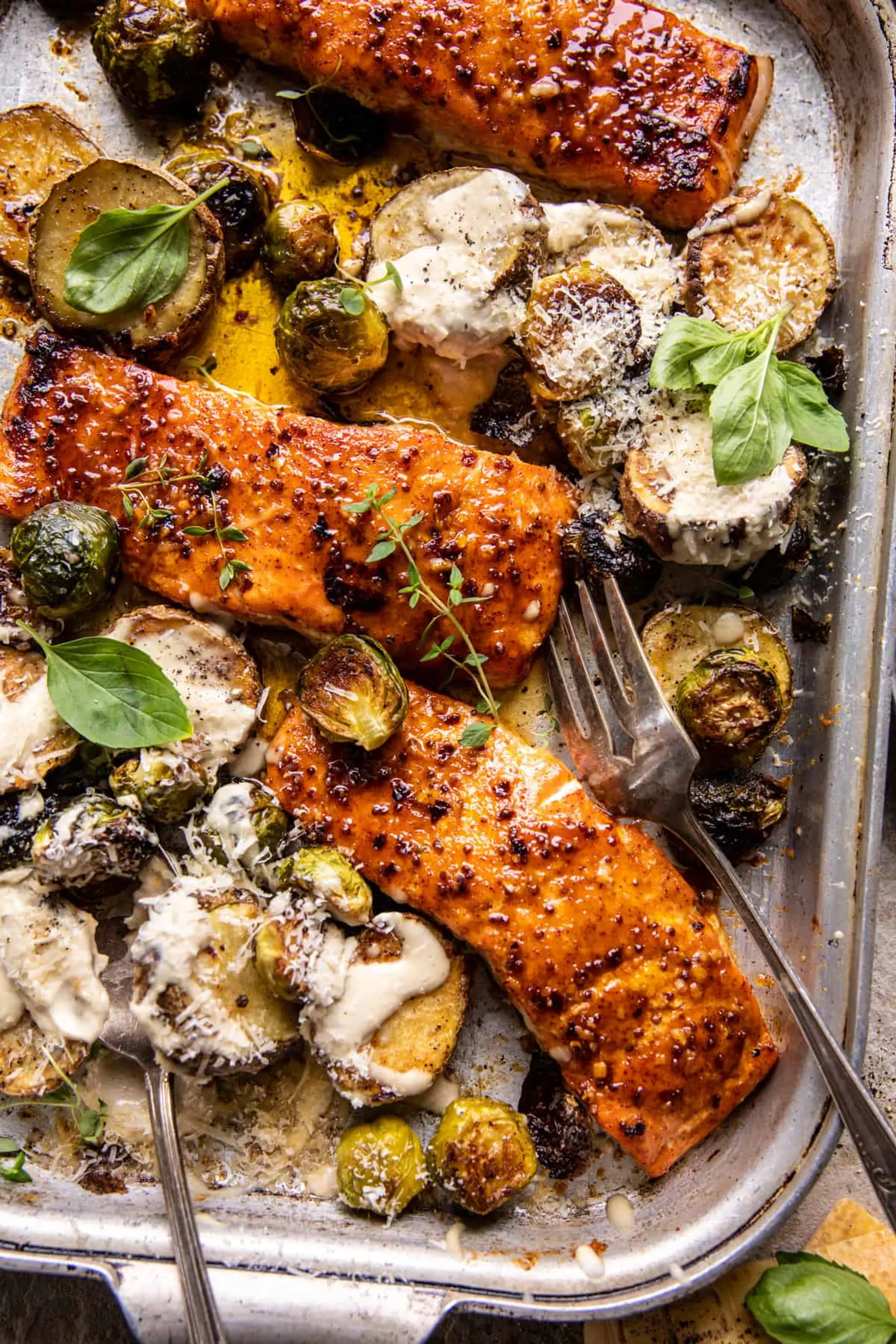 Sheet Pan Honey Mustard Salmon with Caesar Roasted Potatoes