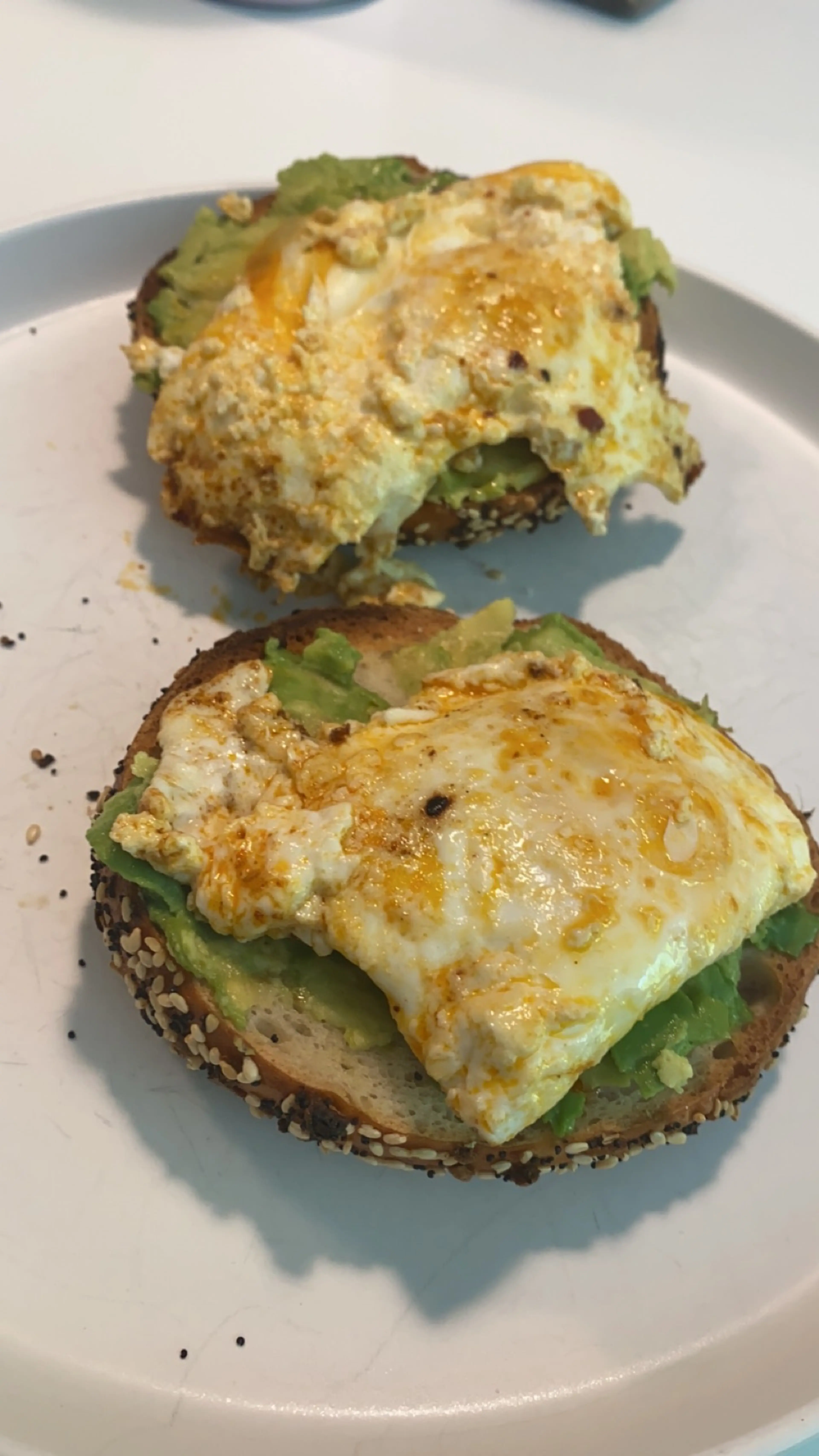 Chili Crisp Feta Eggs on Avocado Bagel