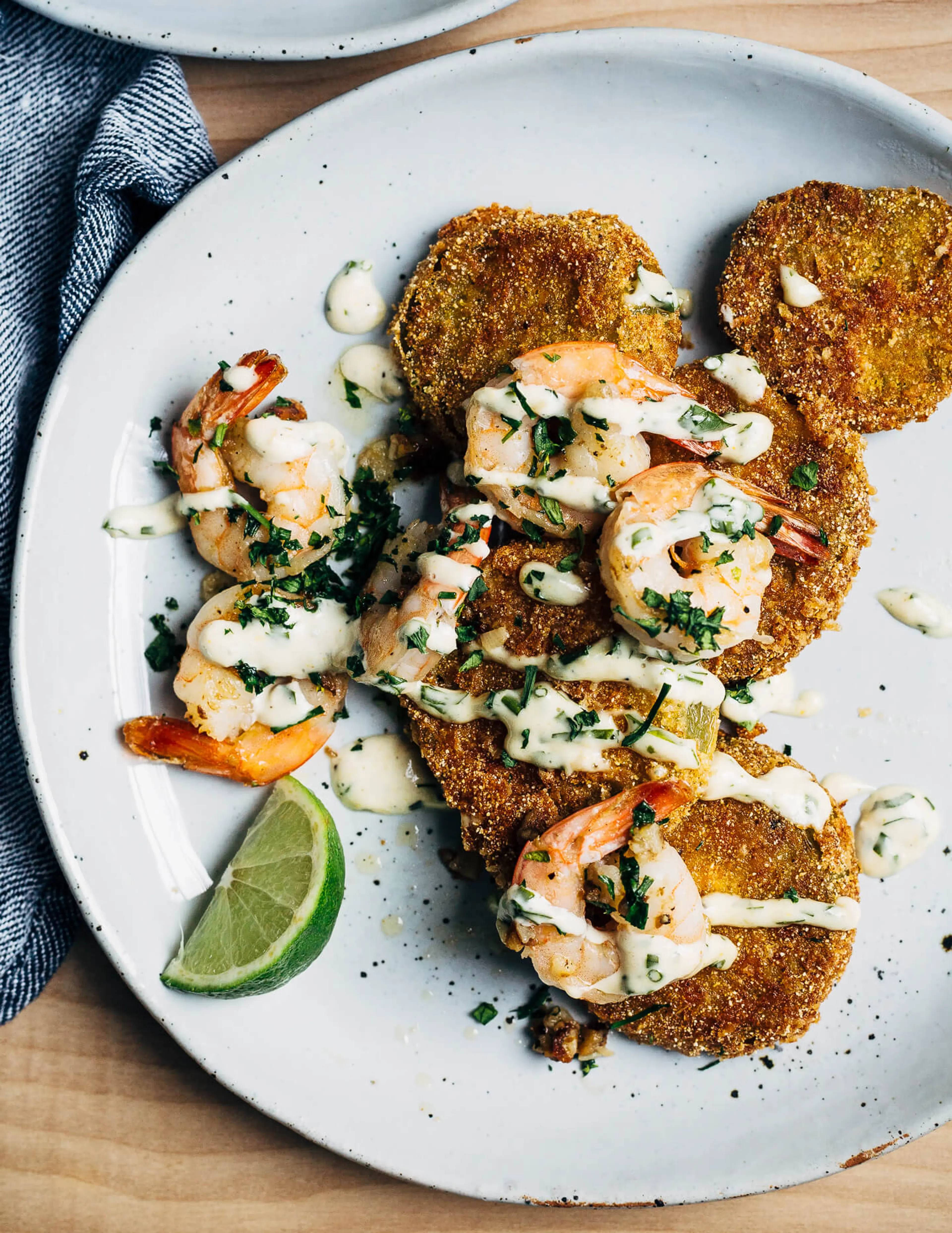 Fried Green Tomatoes with Sautéed Shrimp and a Quick Remoula