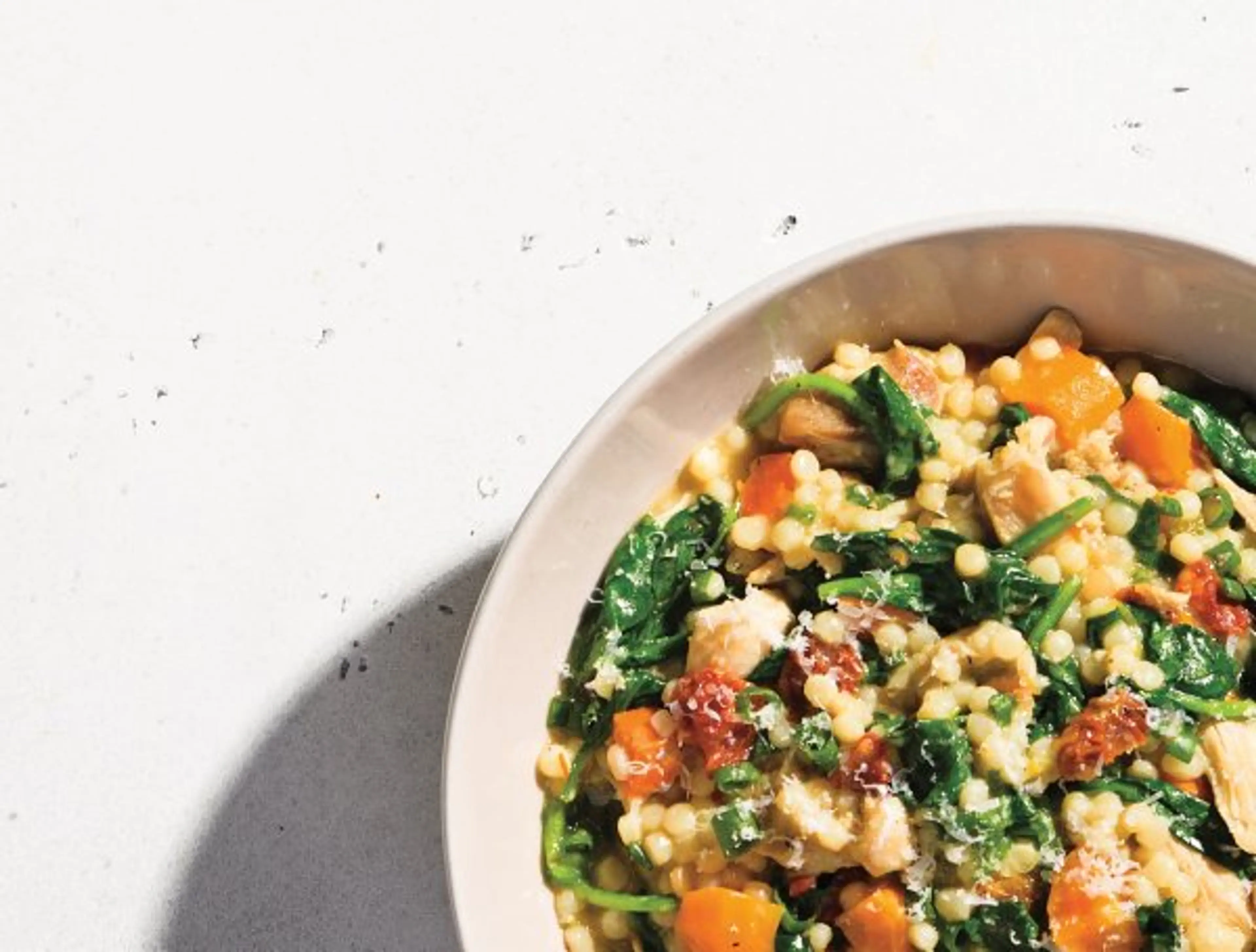 Pearl Couscous “Risotto” with Chicken and Spinach