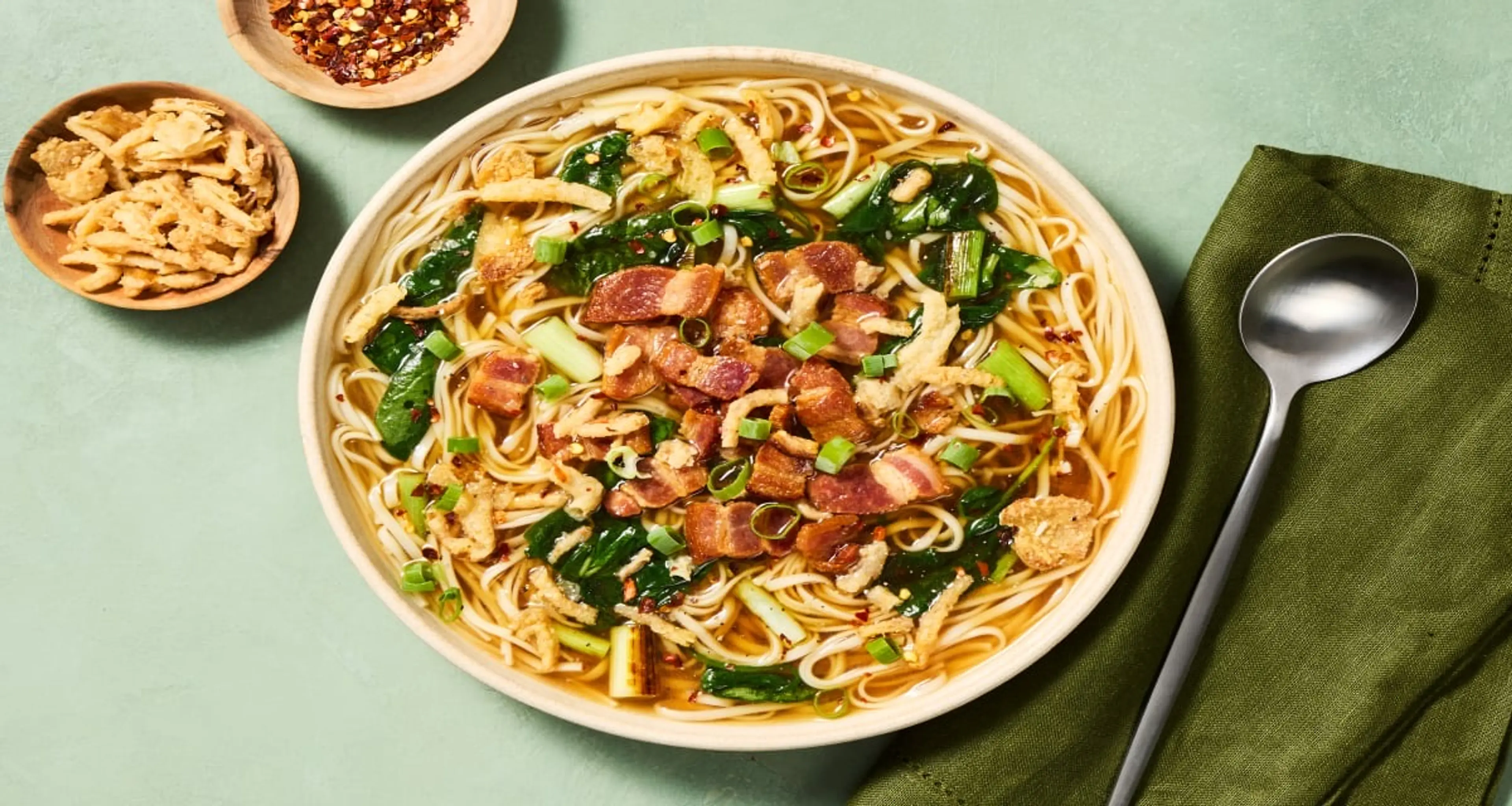 Bacon & Crispy Fried Onion Ramen with Spinach & Scallions