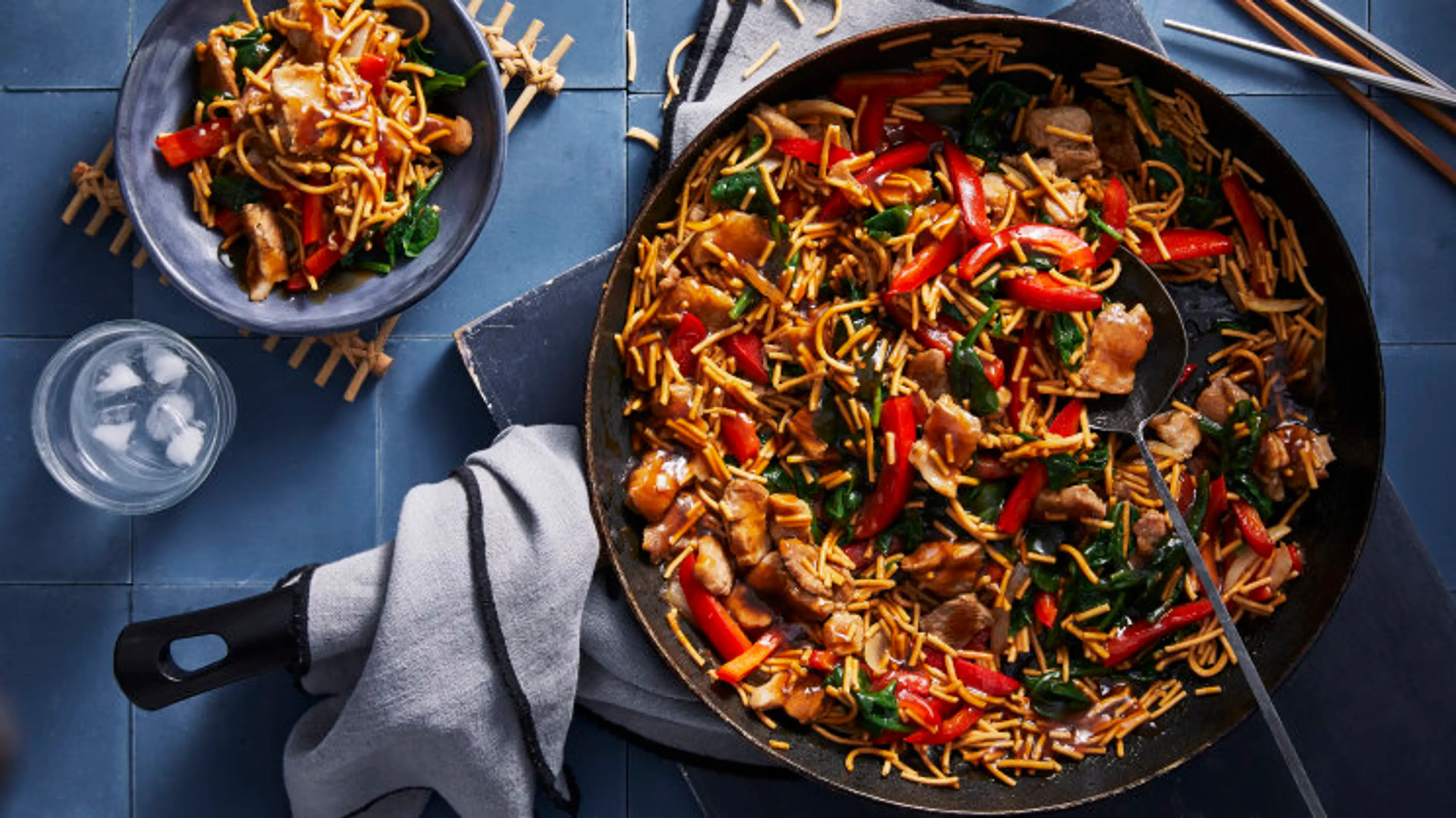 Chow mein with pork belly and crispy fried noodles