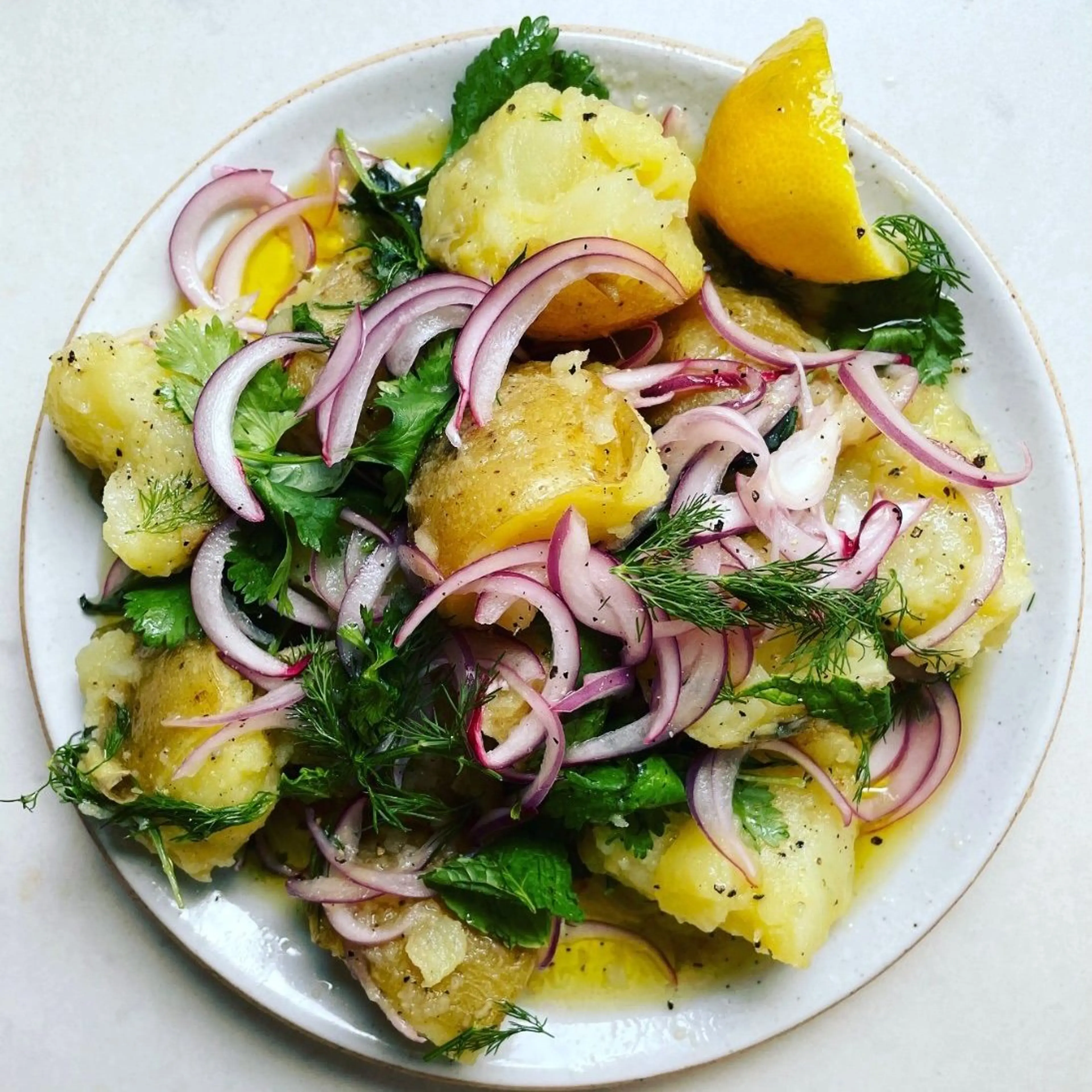 Olive Oil Drowned Potatoes with Lemony Onions and Herbs