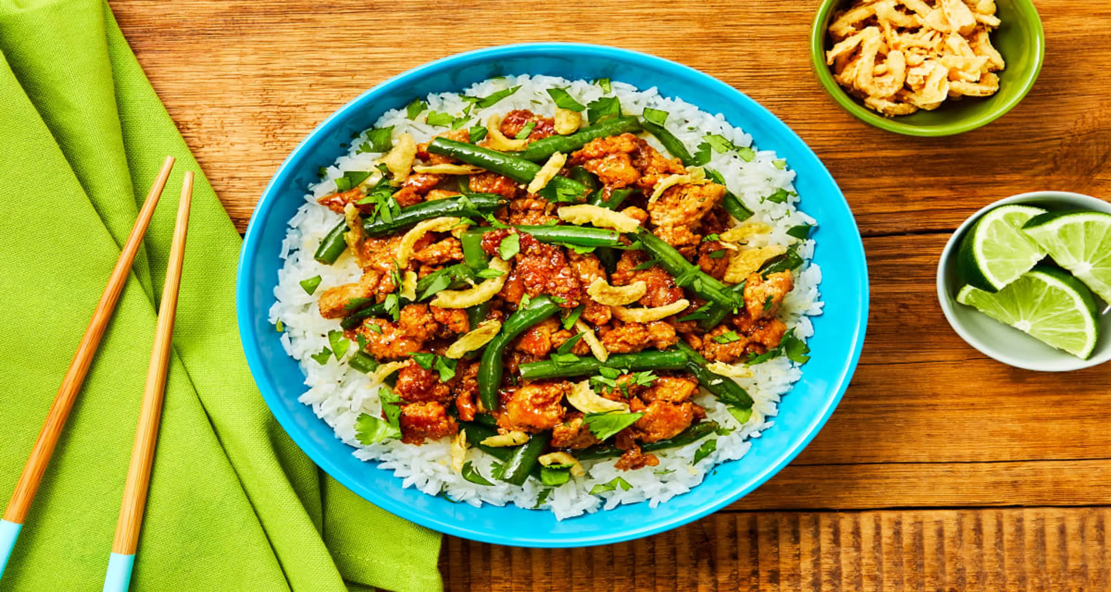 Sweet Chili Turkey & Green Bean Bowls with Crispy Fried Onio