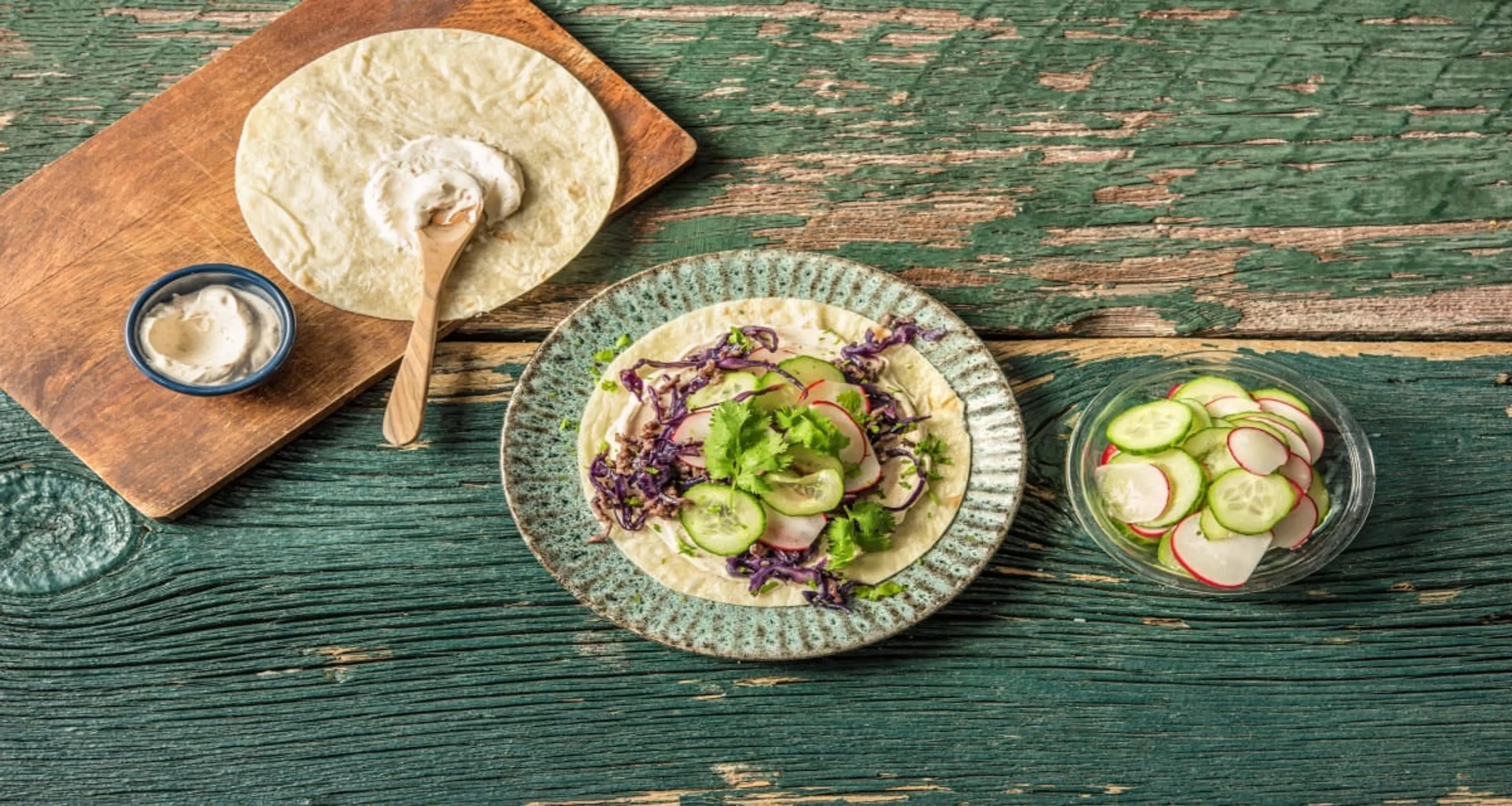 Sesame Beef Tacos with Quick-Pickled Veggies and Spicy Crema