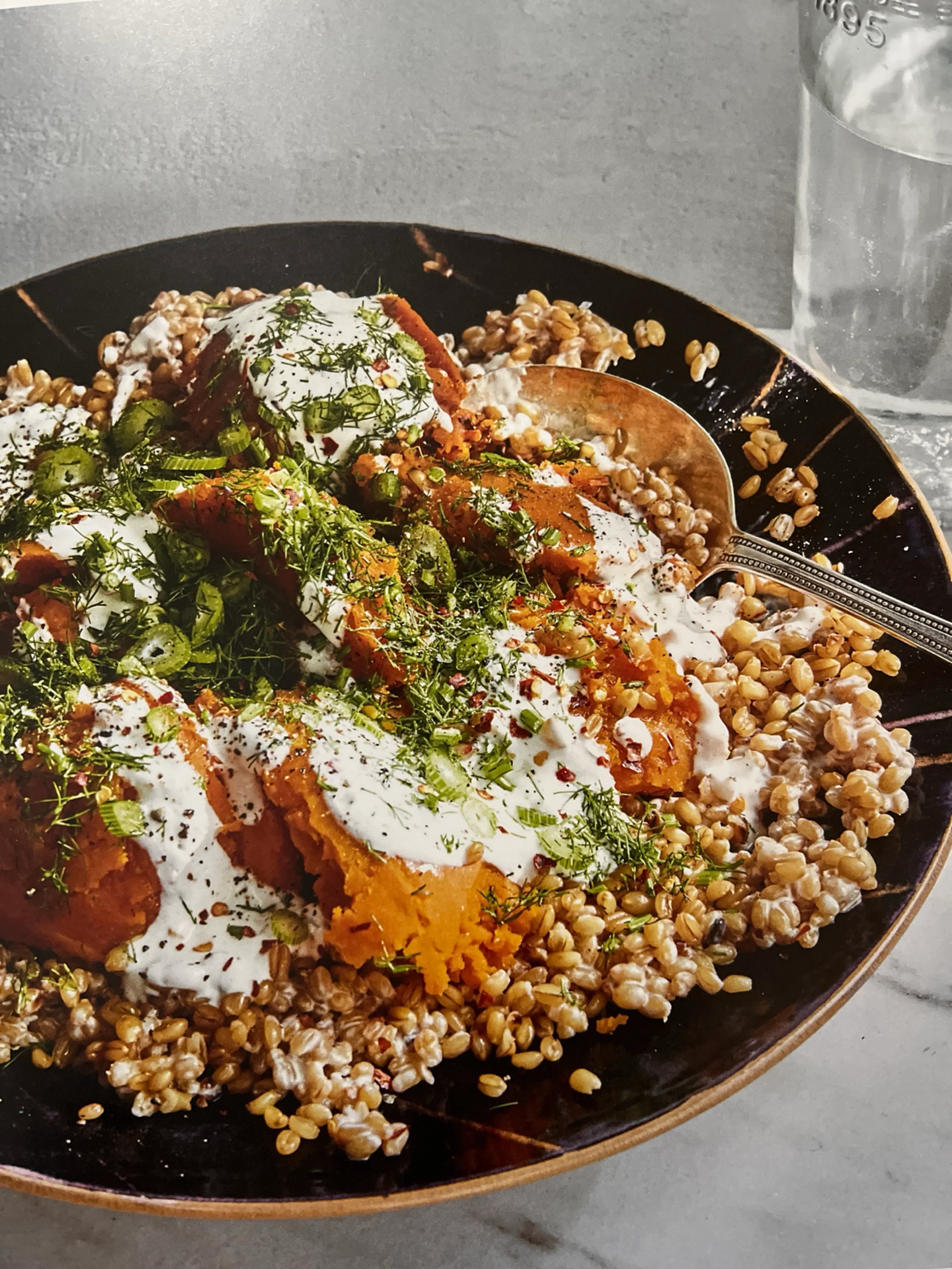 Grains and roasted squash with spicy buttermilk dressing