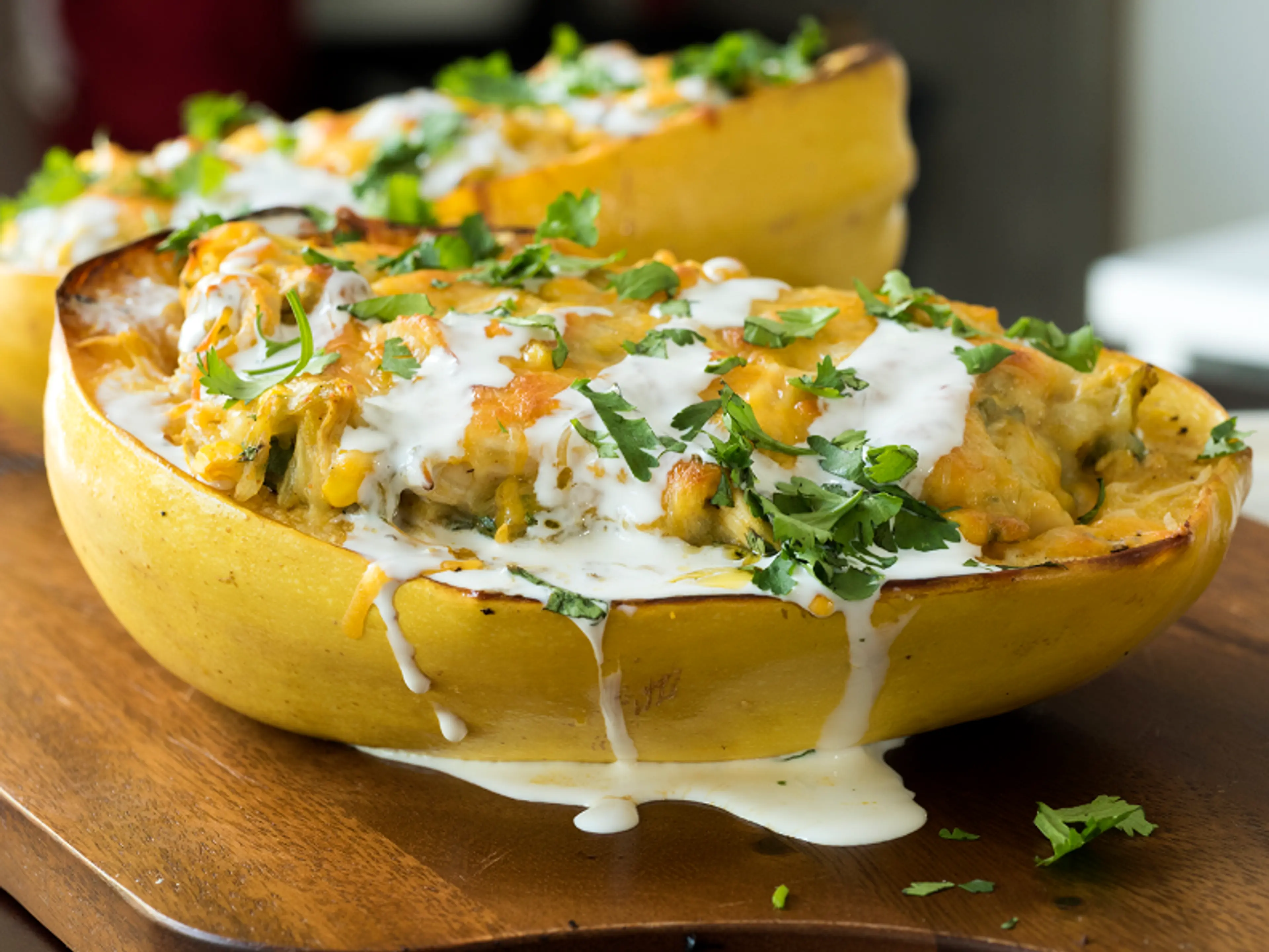 Green Chile Chicken-Stuffed Spaghetti Squash