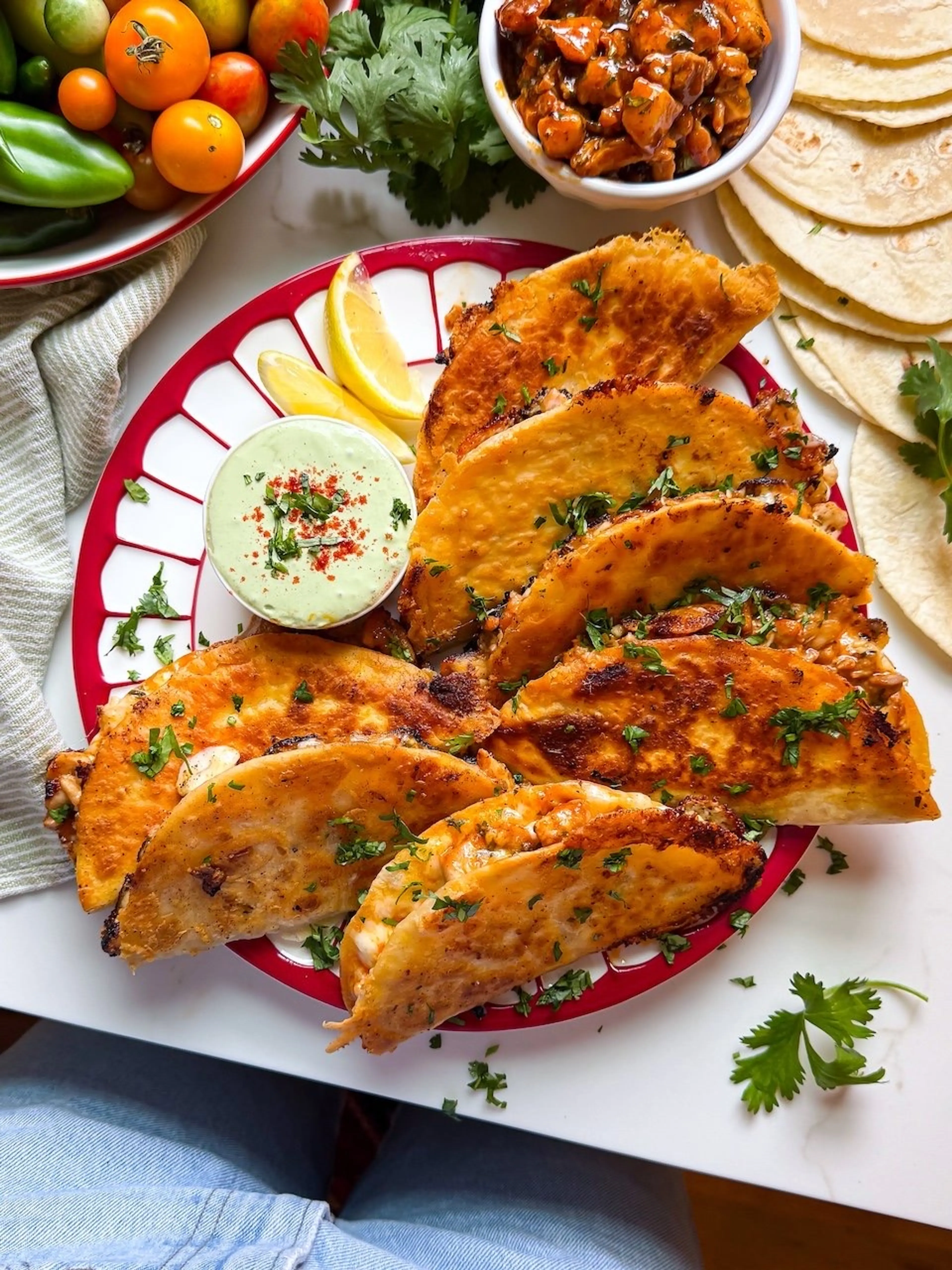 Buffalo Chicken Crispy Tacos with Basil Sauce