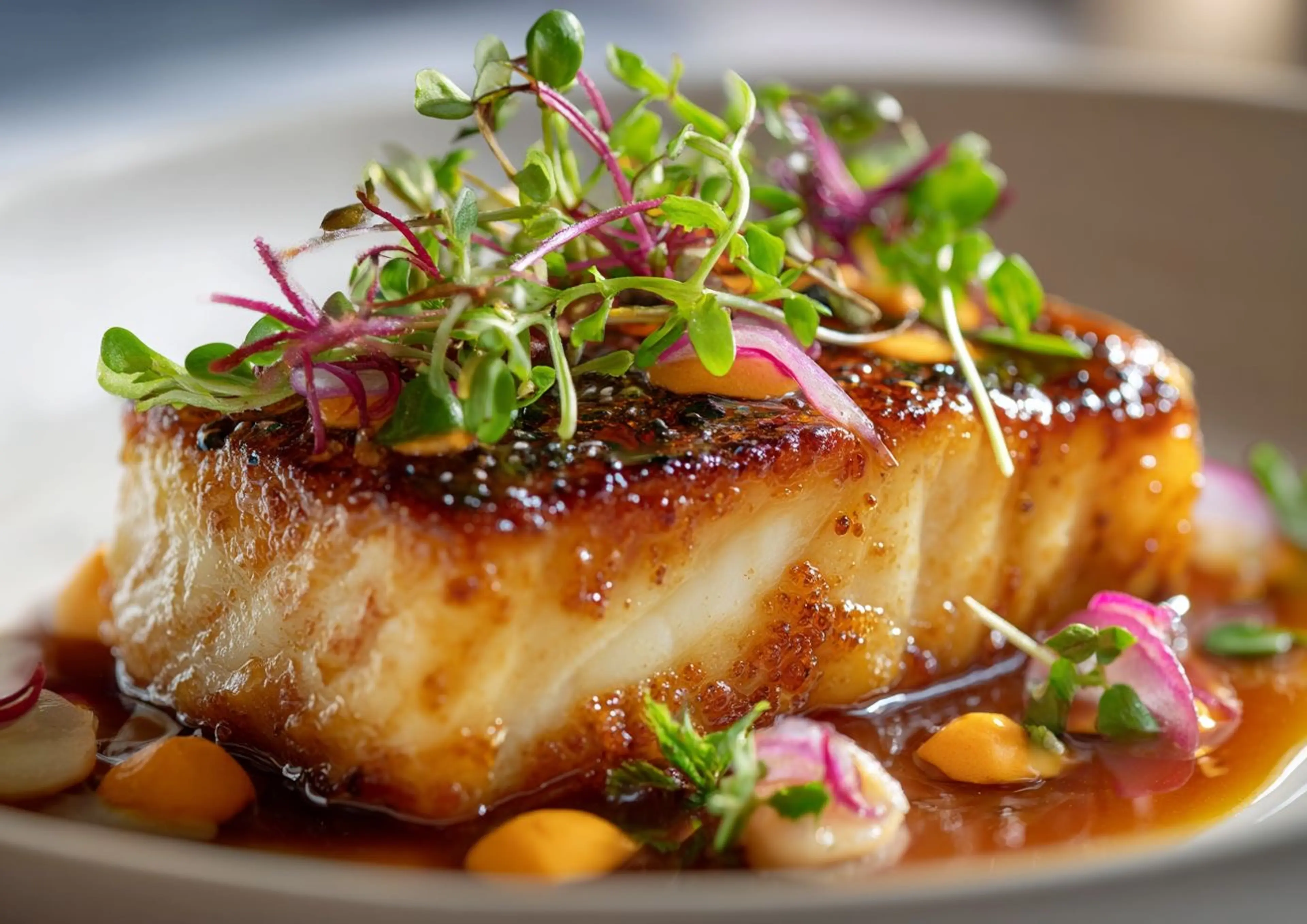 Pan-seared Halibut with Soy-honey Glaze, Carrot Purée, Yuzu