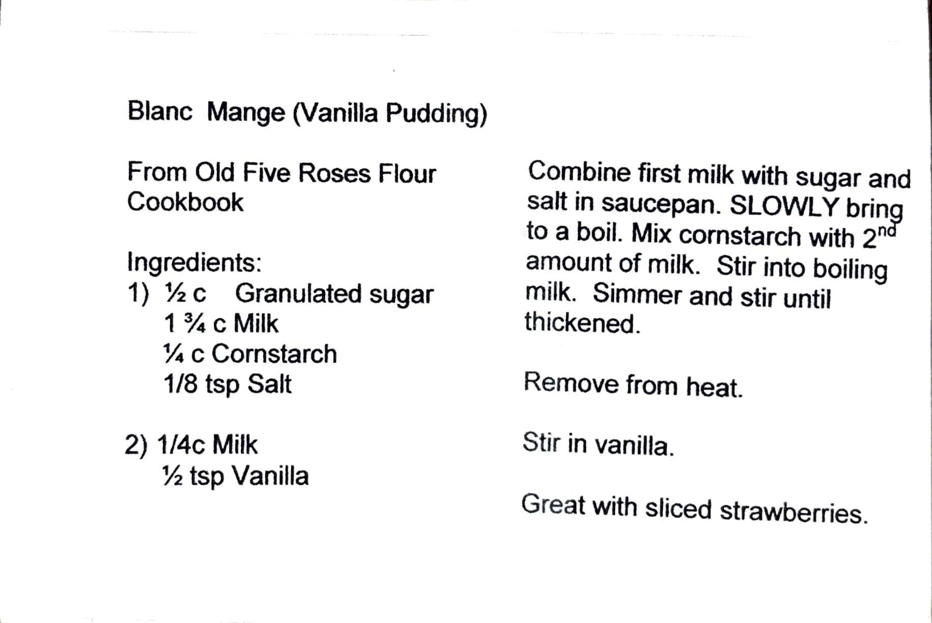 Blanc Mange (Vanilla Pudding) from Old Five Roses Flour book