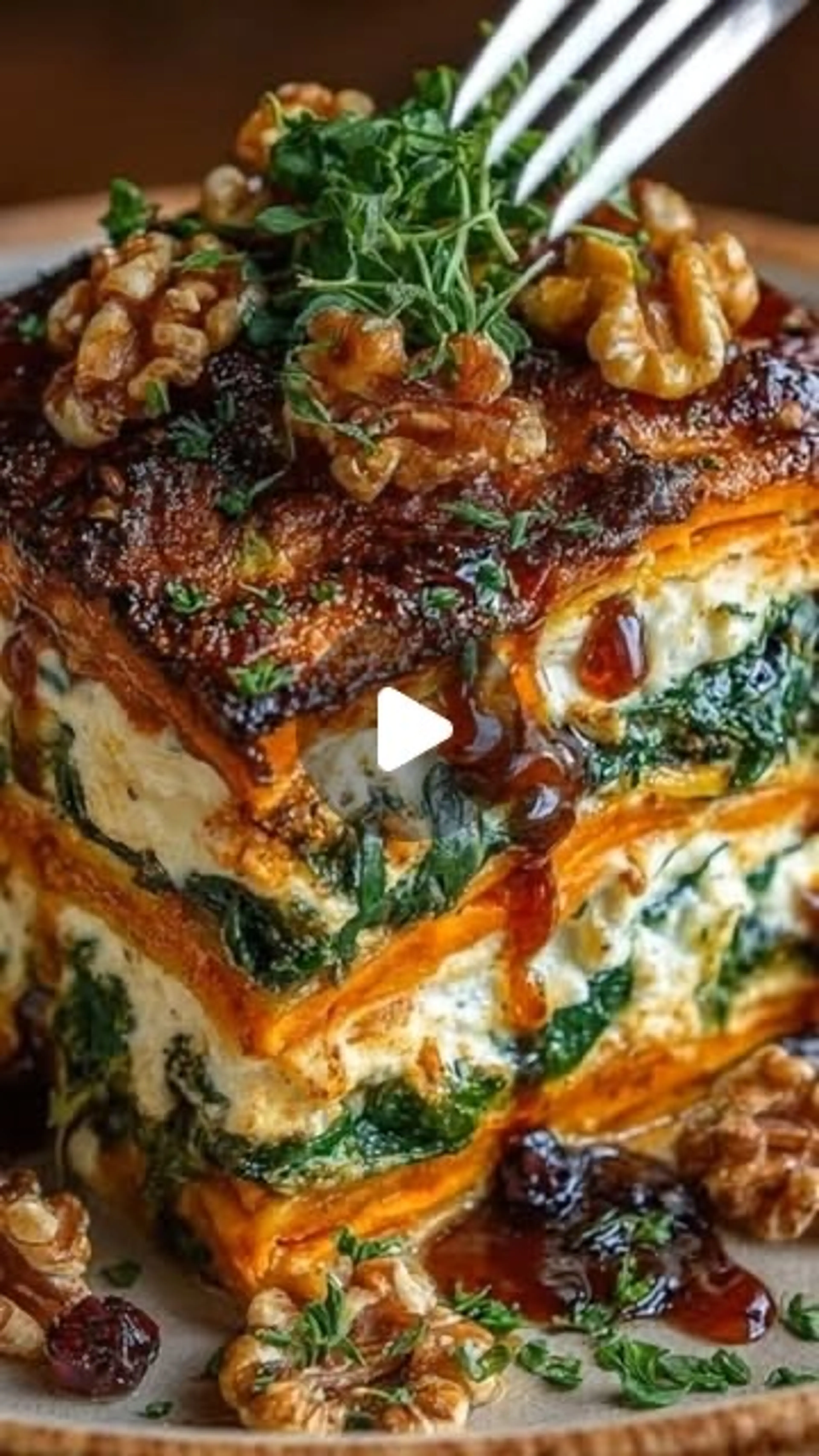 Layered Sweet Potato, Spinach & Ricotta Lasagna with Walnuts