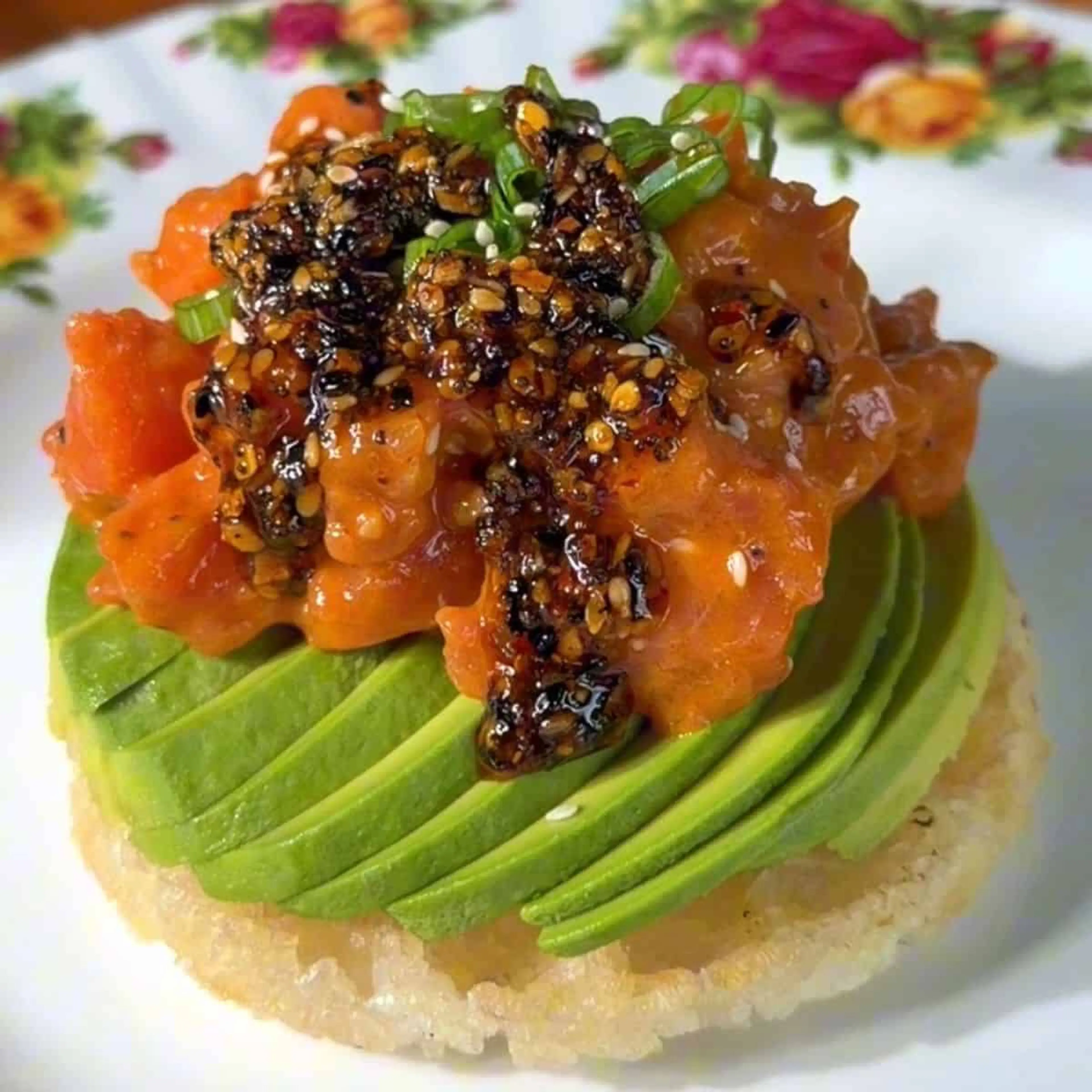 Crispy Rice Waffle with Spicy Salmon and Avocado