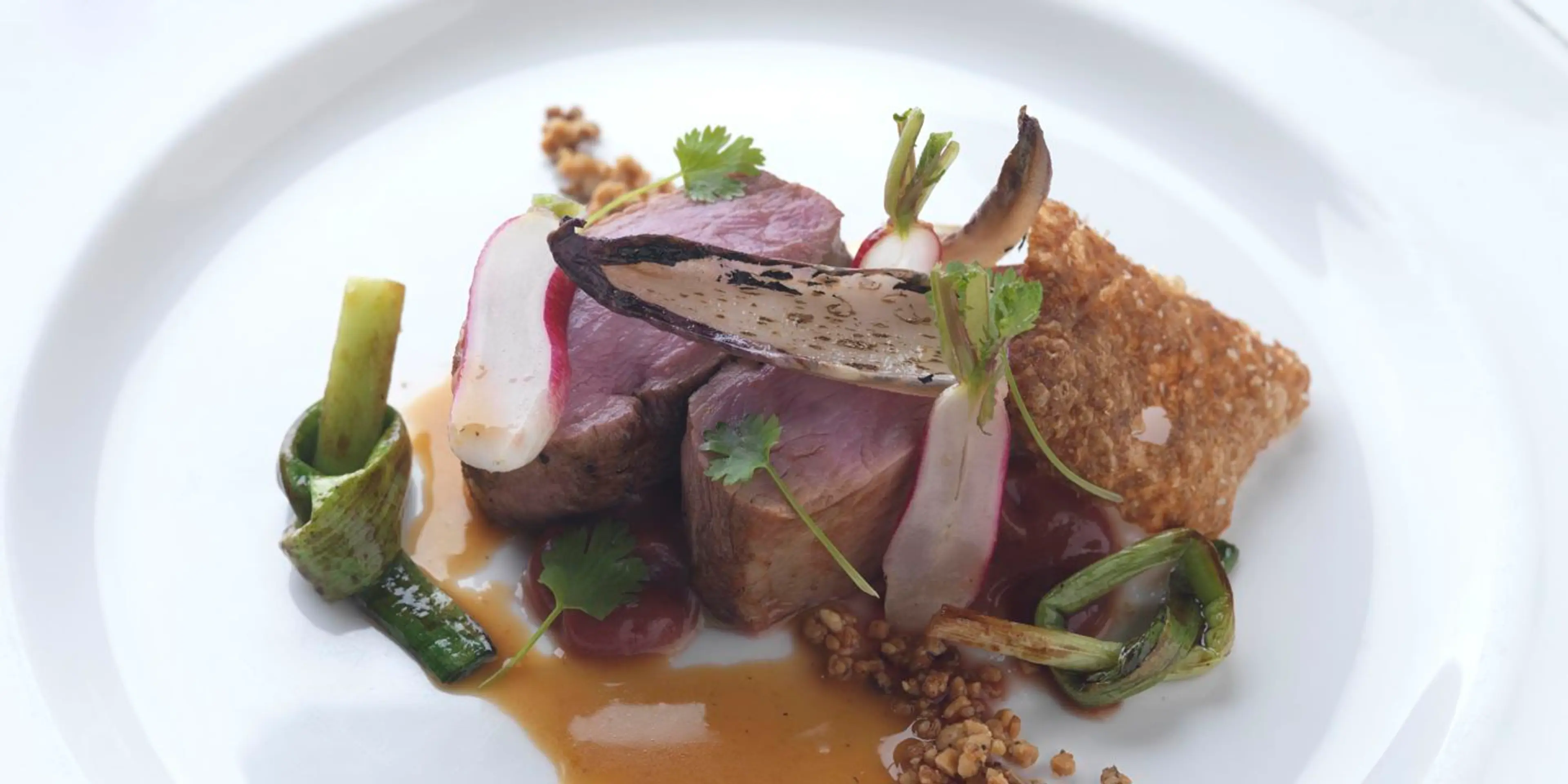 Duck breast with rhubarb purée and walnut granola