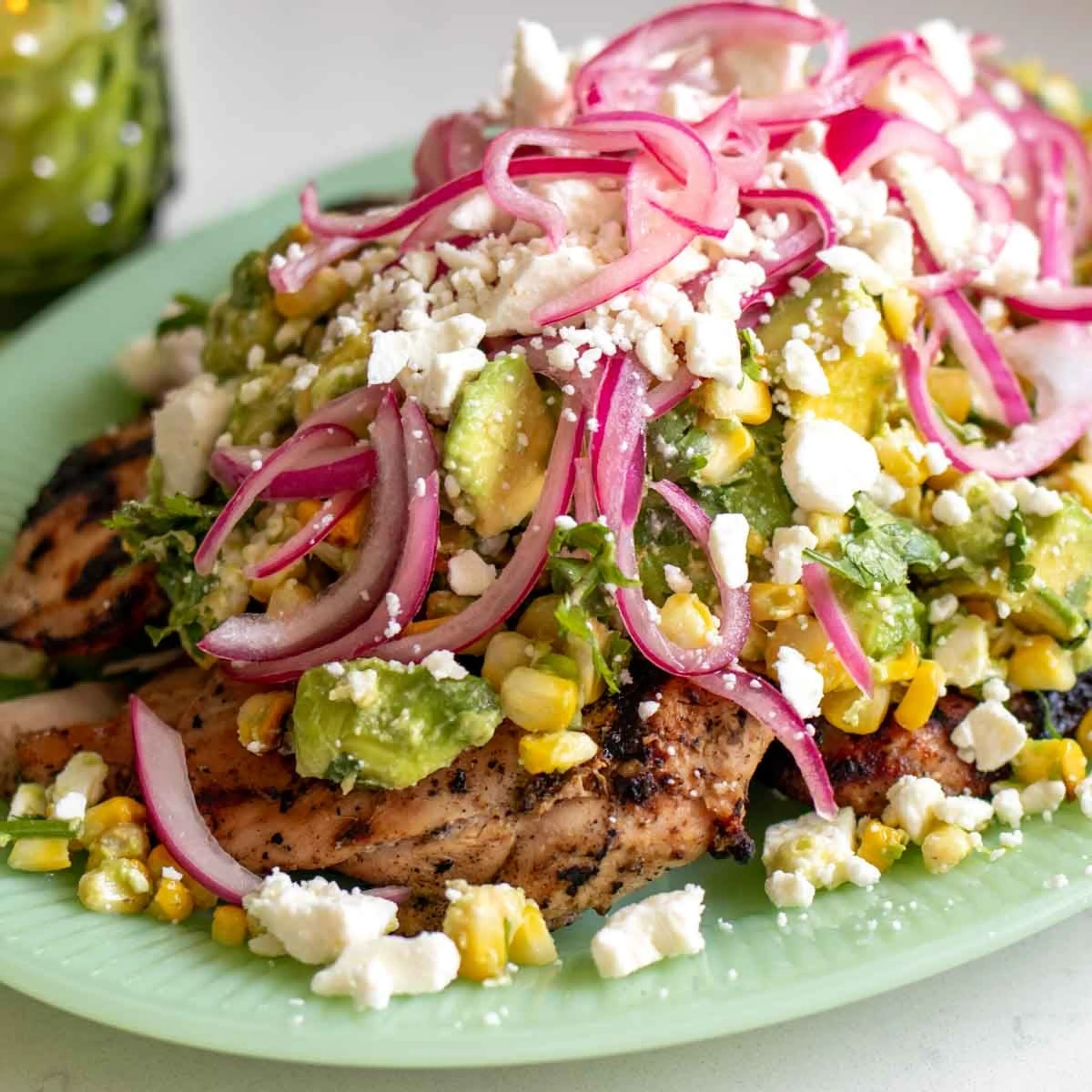 Grilled Chicken with Avocado, Corn and Feta Salad