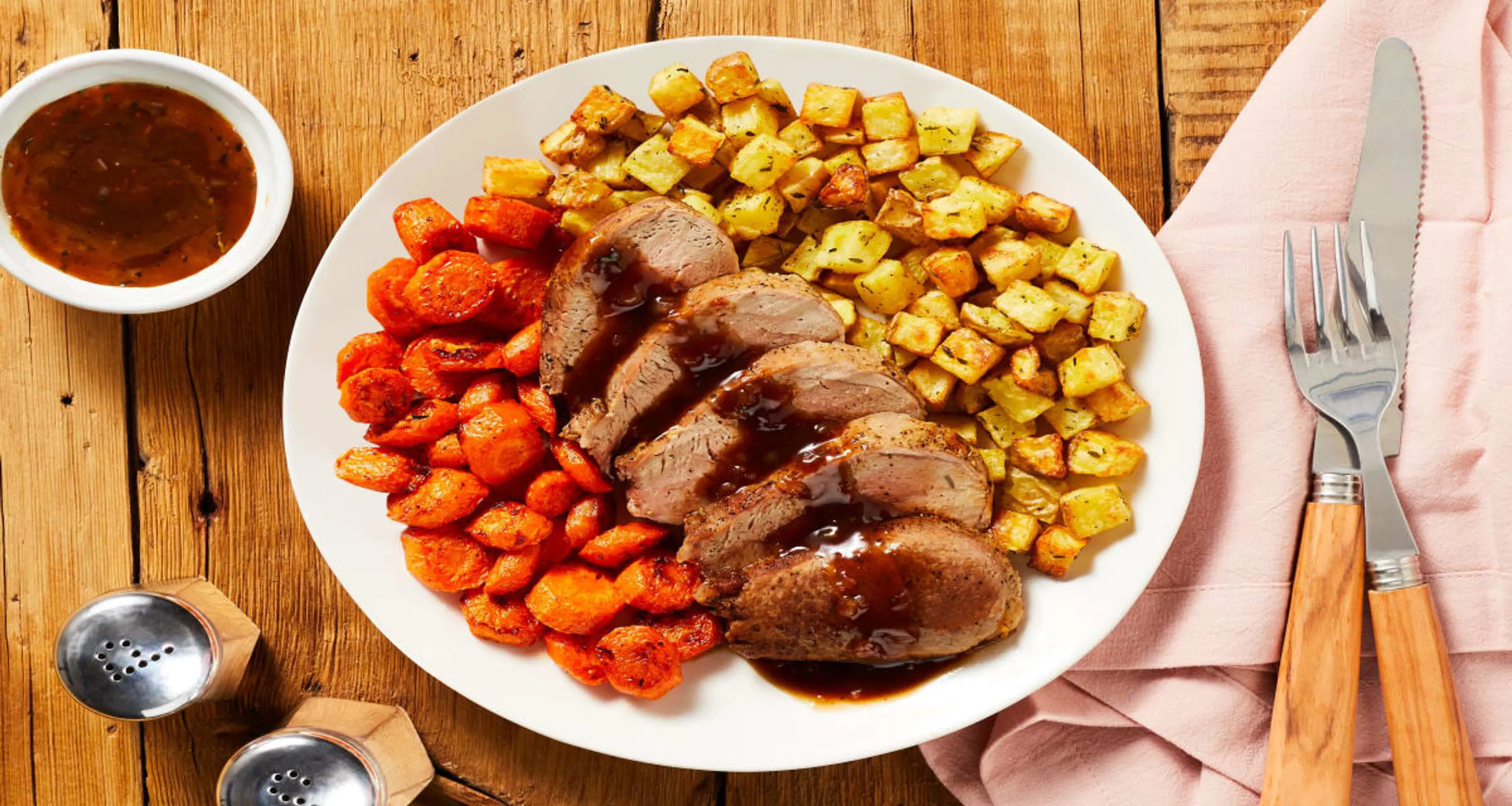 Figgy Balsamic Pork with Roasted Carrots & Thyme Potatoes