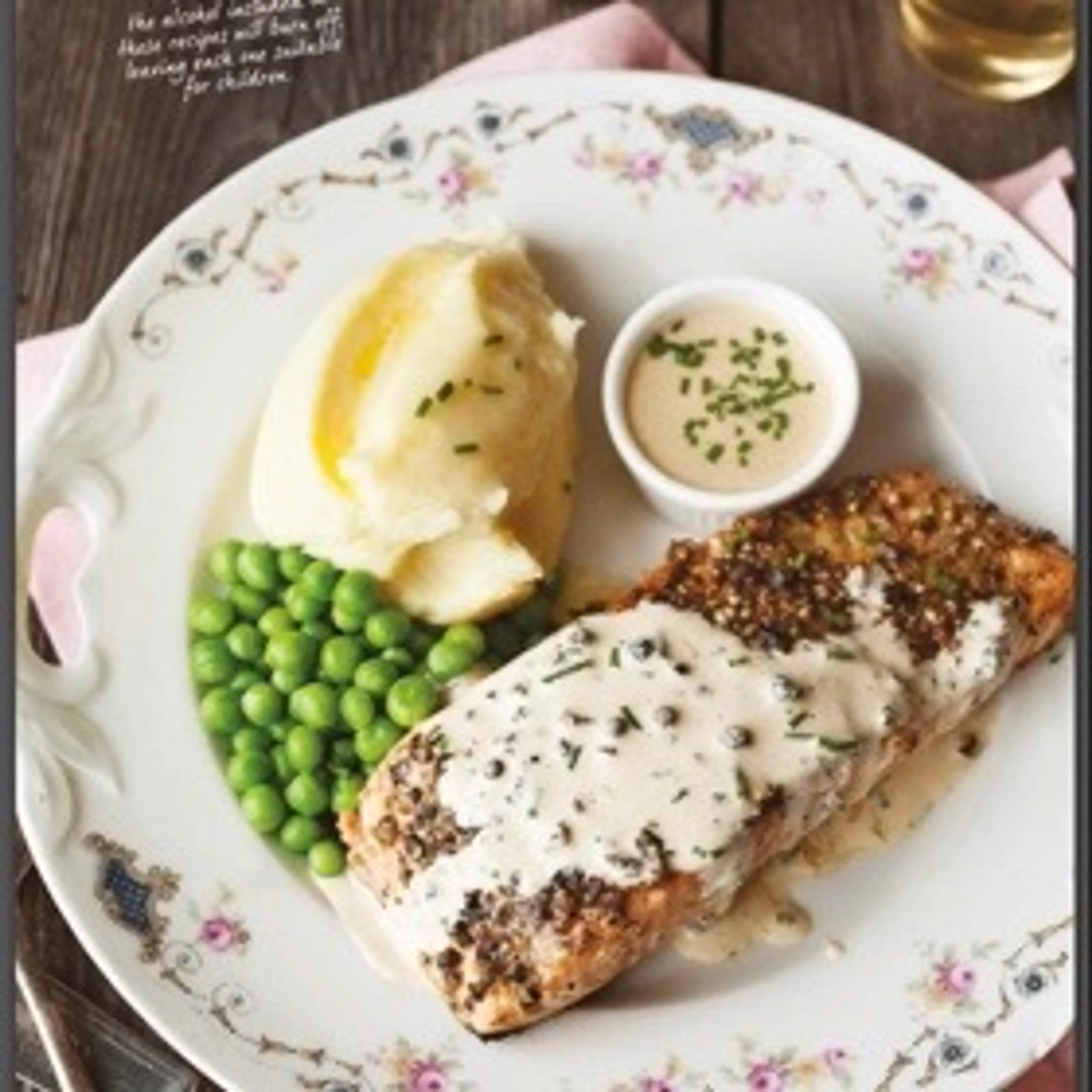 Peppered salmon in whiskey cream sauce