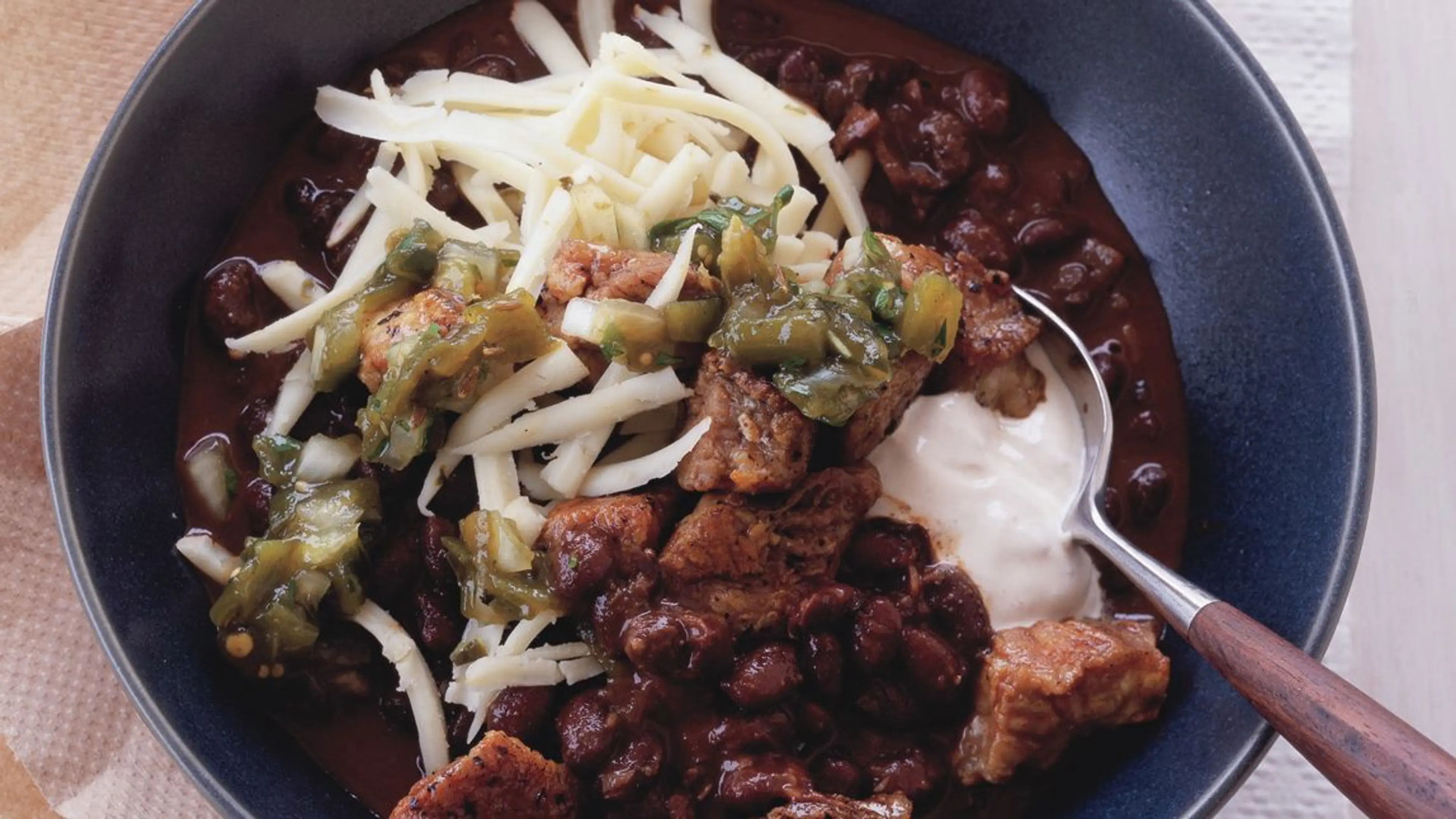 Black Bean Chili with Crispy Pork and Poblano Salsa