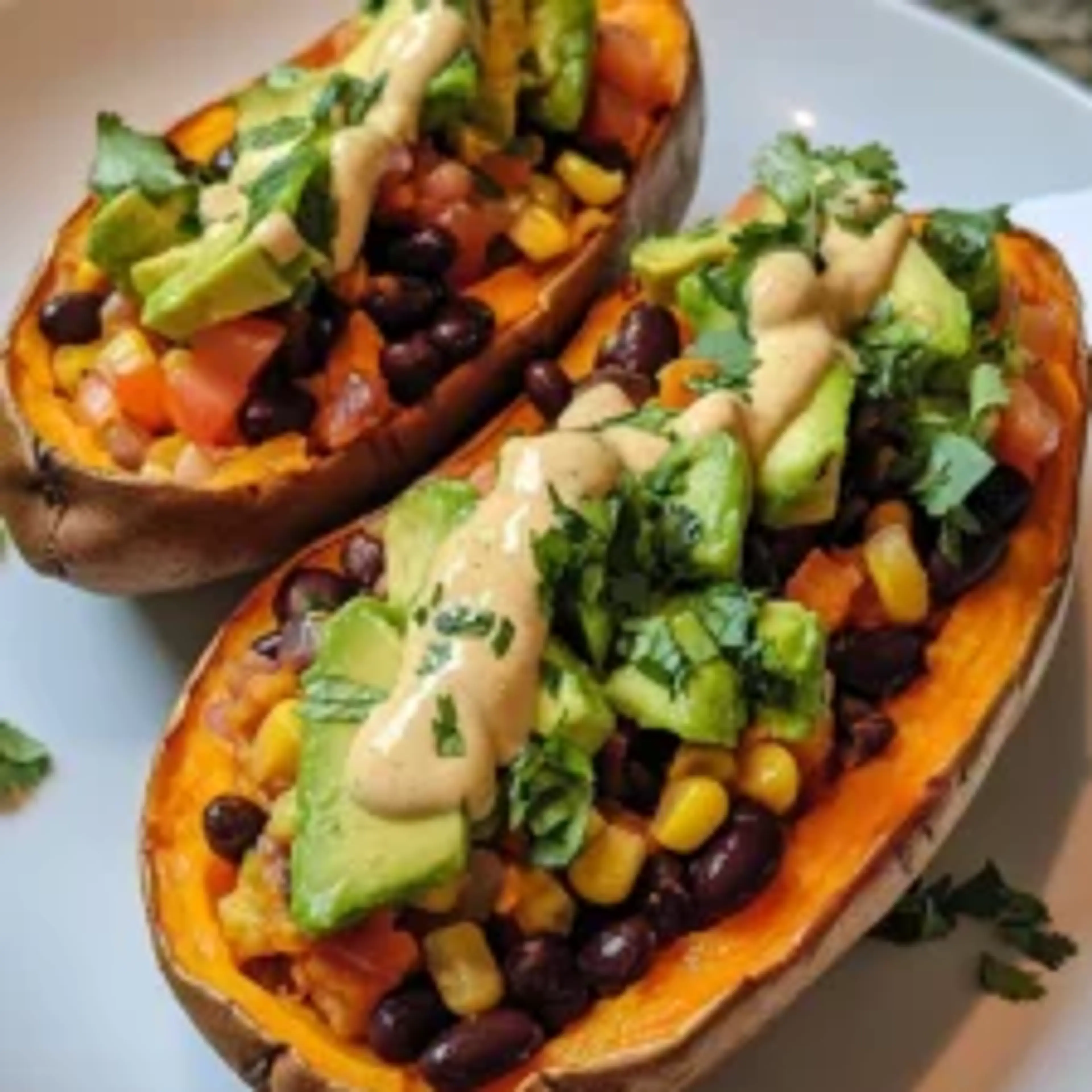 Stuffed Sweet Potato with Avocado, Black Beans & Cilantro Li