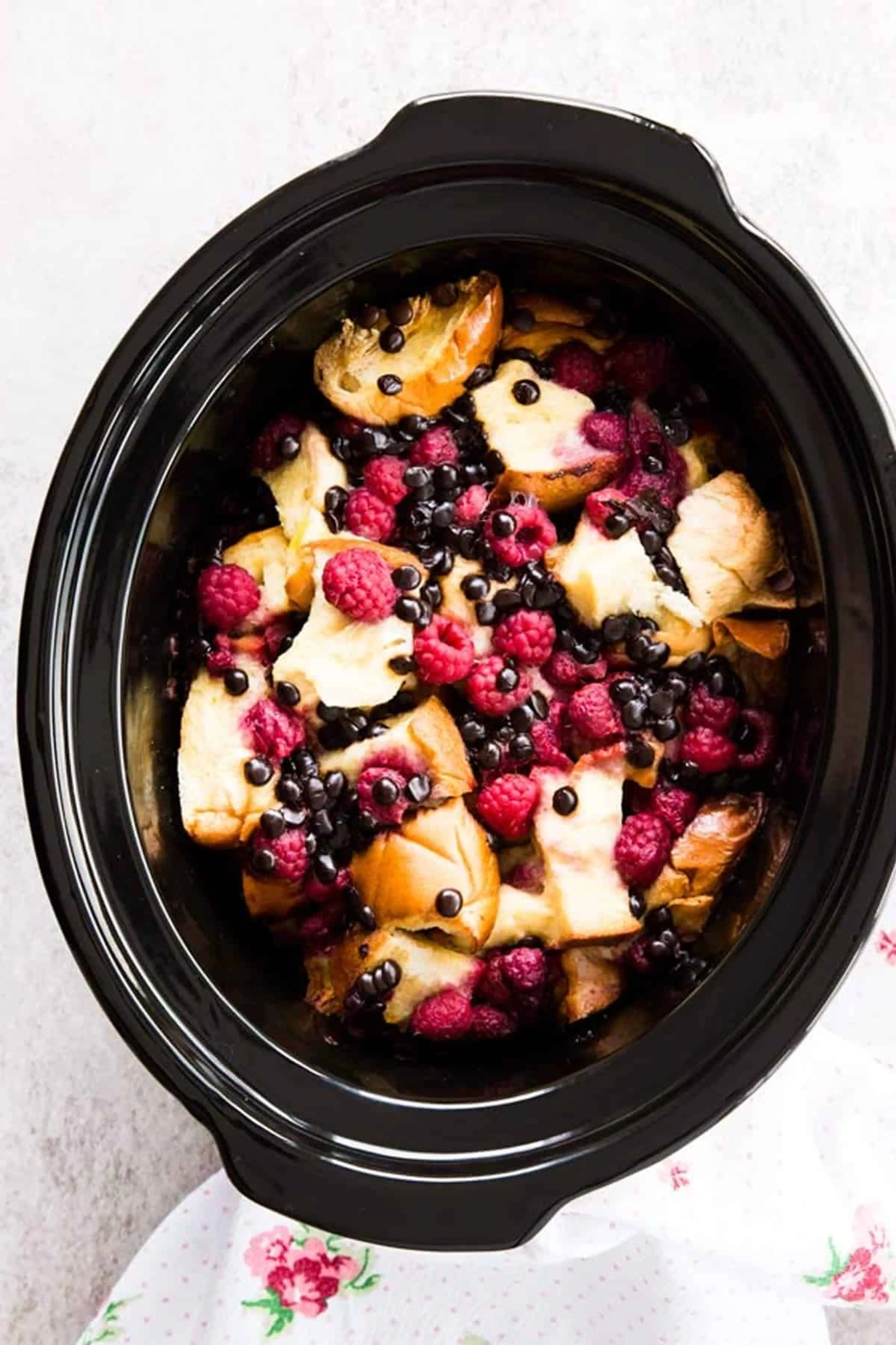 Crockpot Raspberry Chocolate Chip French Toast Casserole