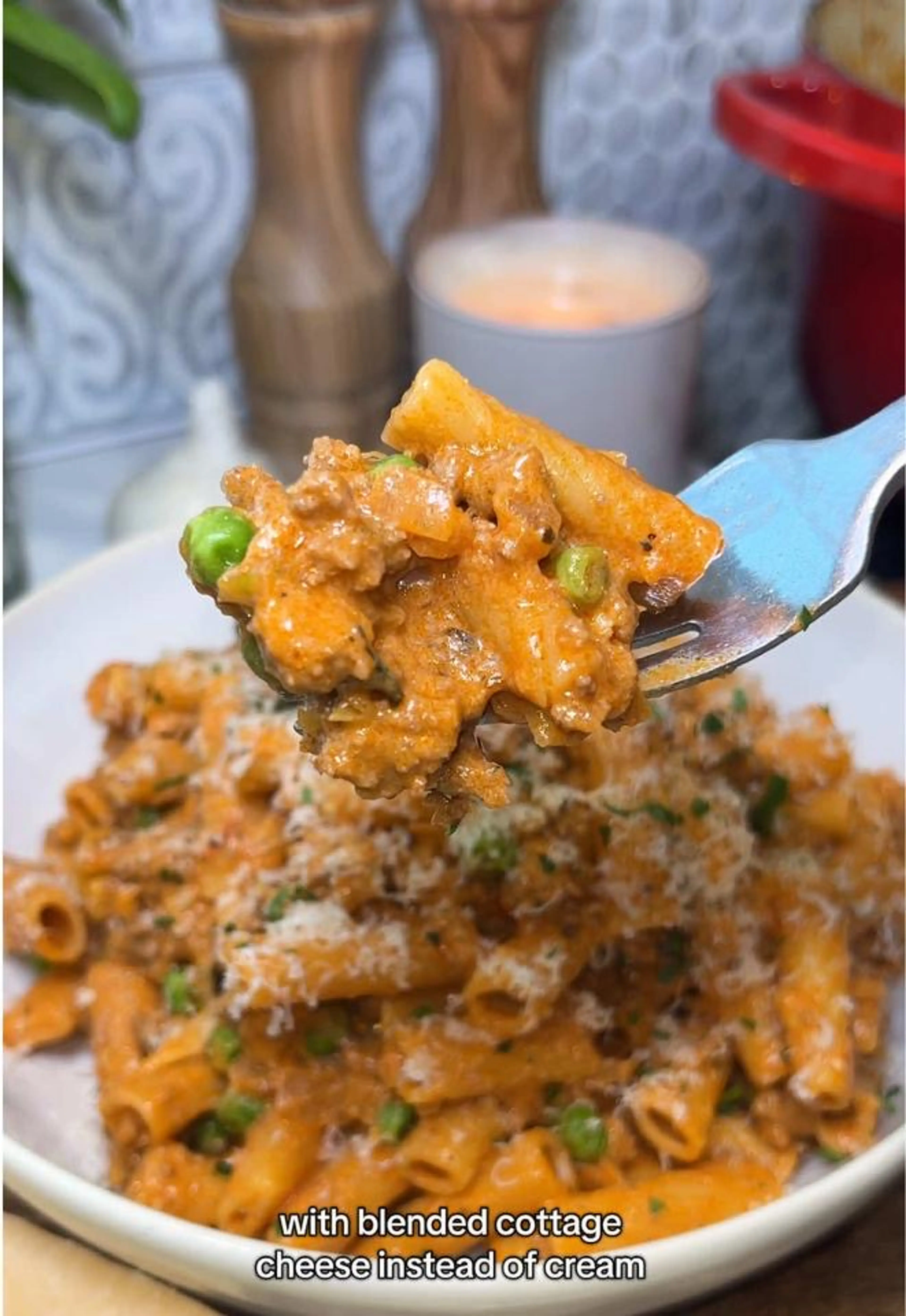 High-protein Creamy Sausage Rigatoni with Peas