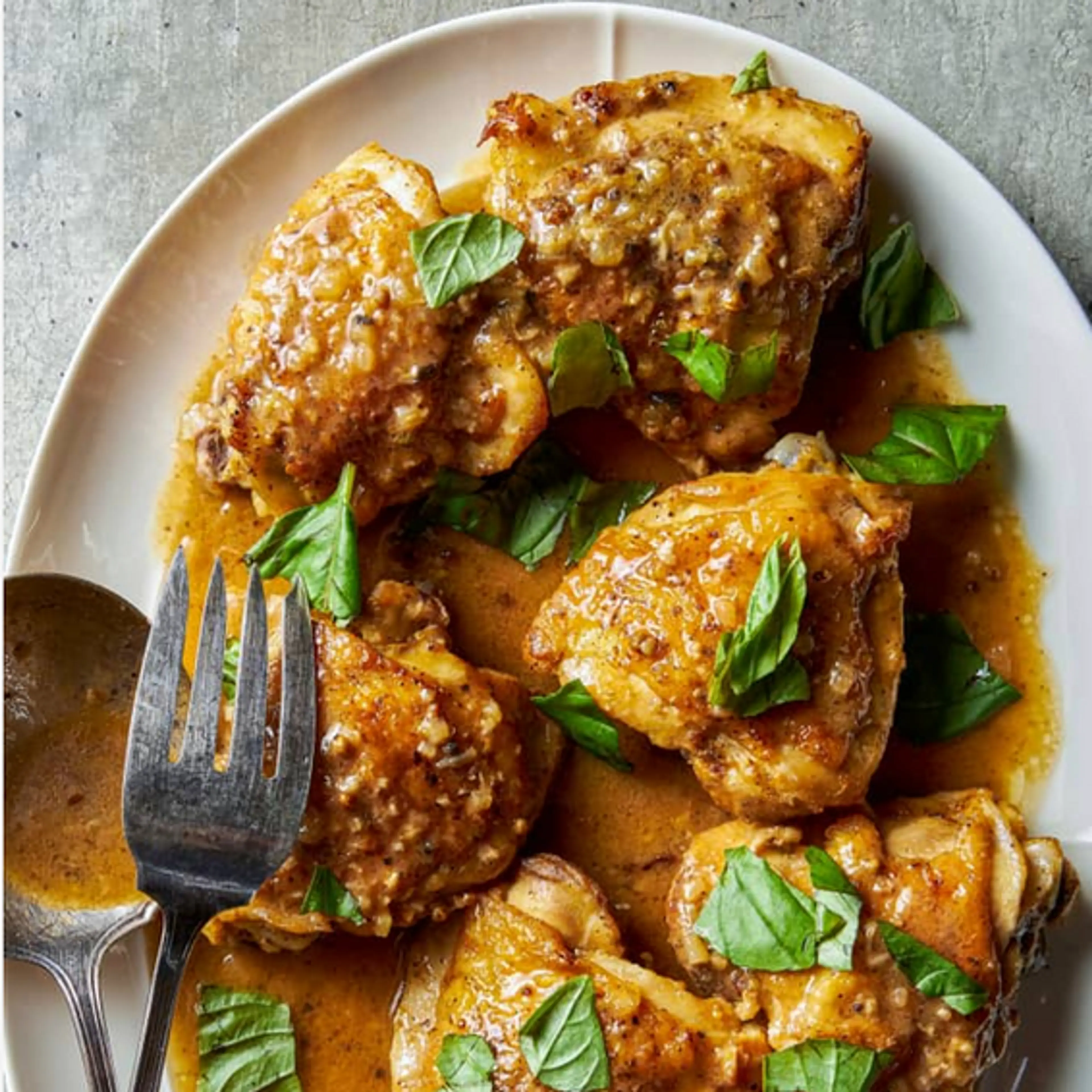 Braised Chicken Thighs with Lemon, Spices, and Torn Basil.