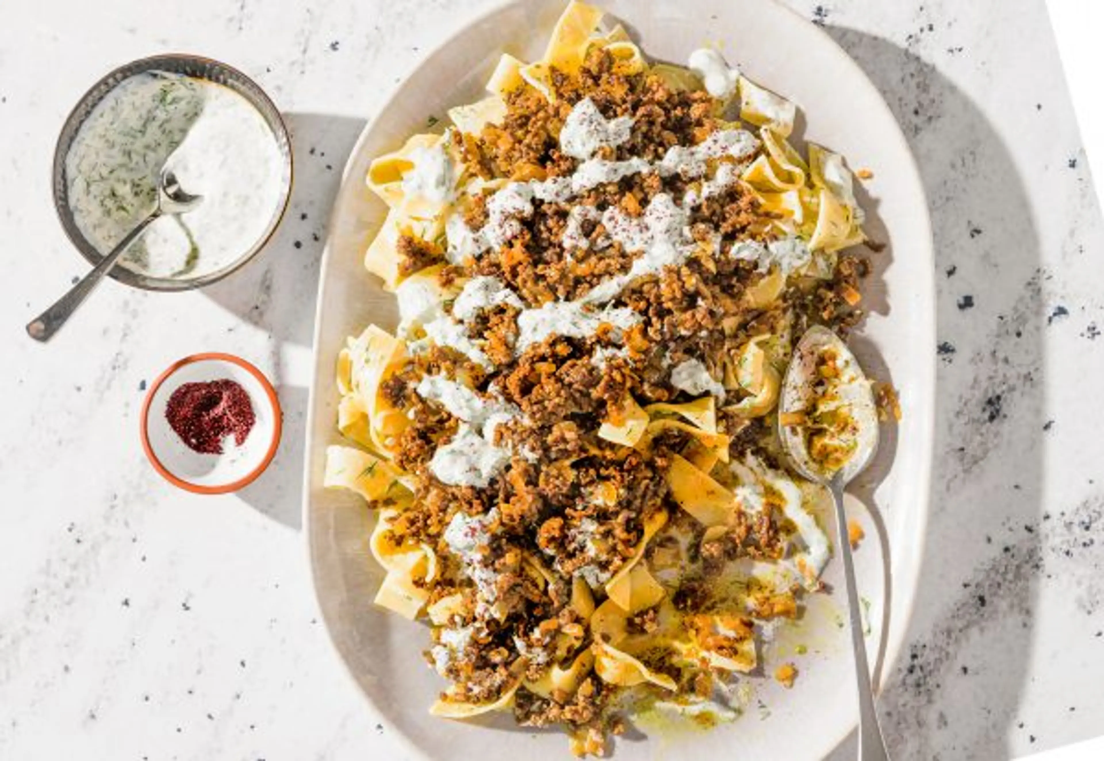 Pasta with Spiced Beef, Caramelized Onions and Herbed Yogurt