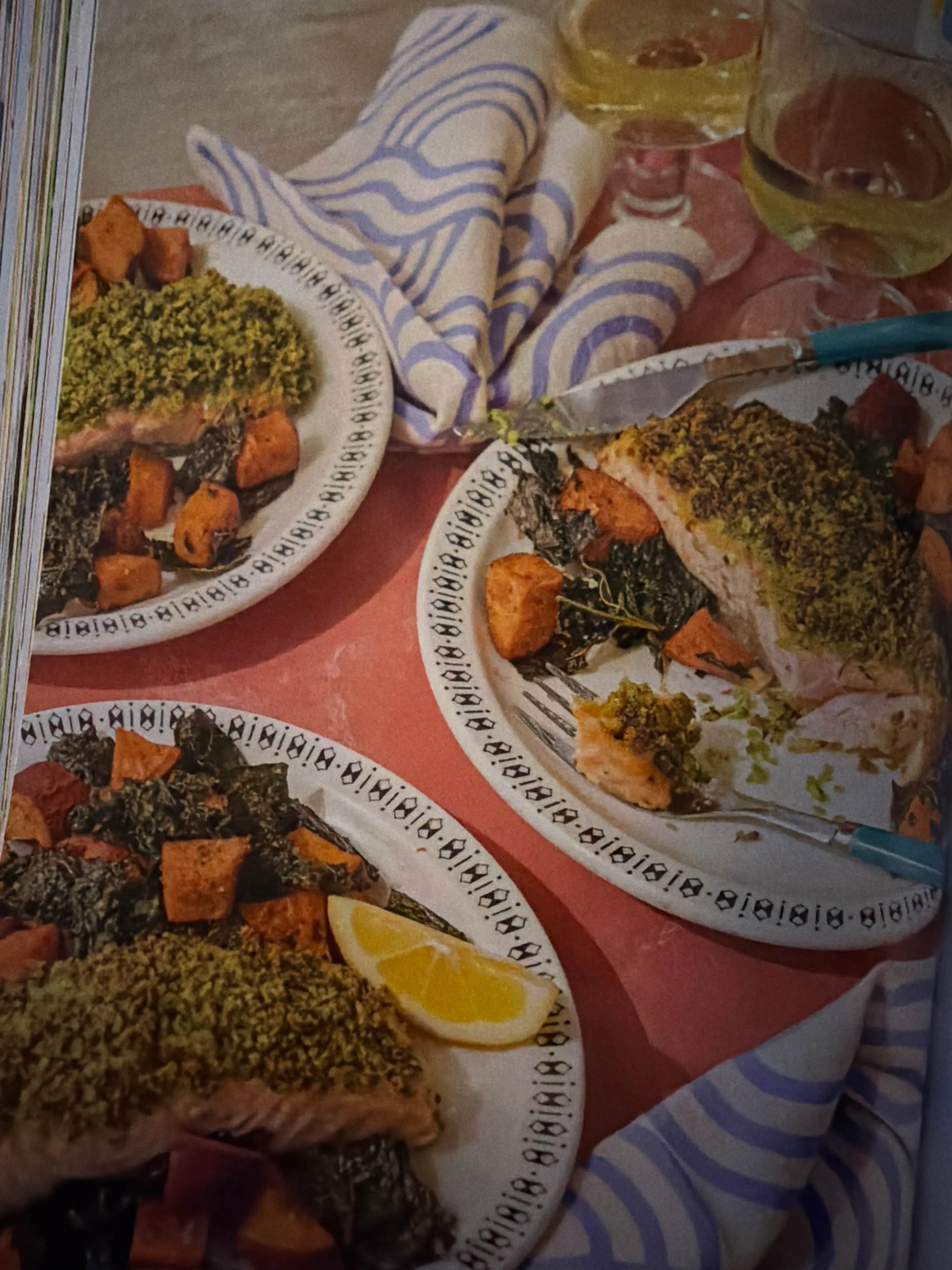 pesto crunch baked salmon WITH ROASTED SWEET POTATOES AND CR