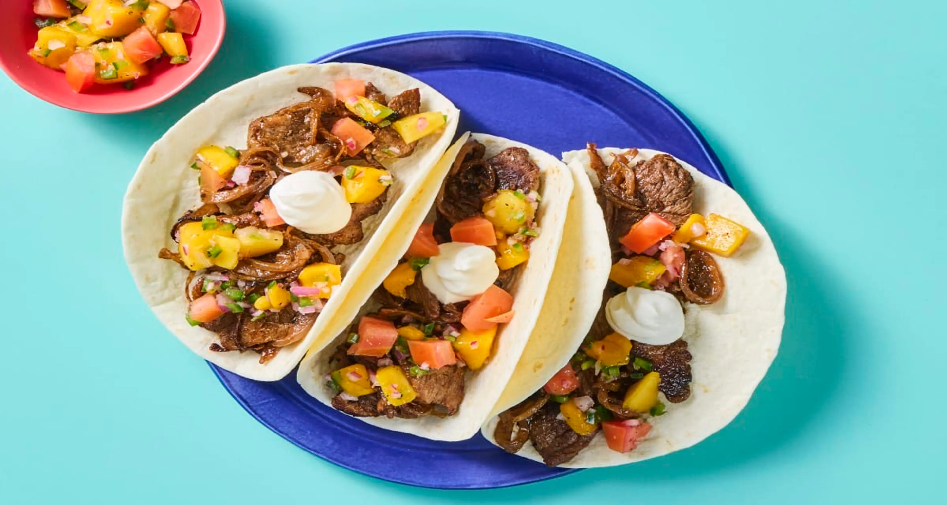 One-Pan Steak Tacos with Mango Salsa plus Red Onion, Jalapeñ