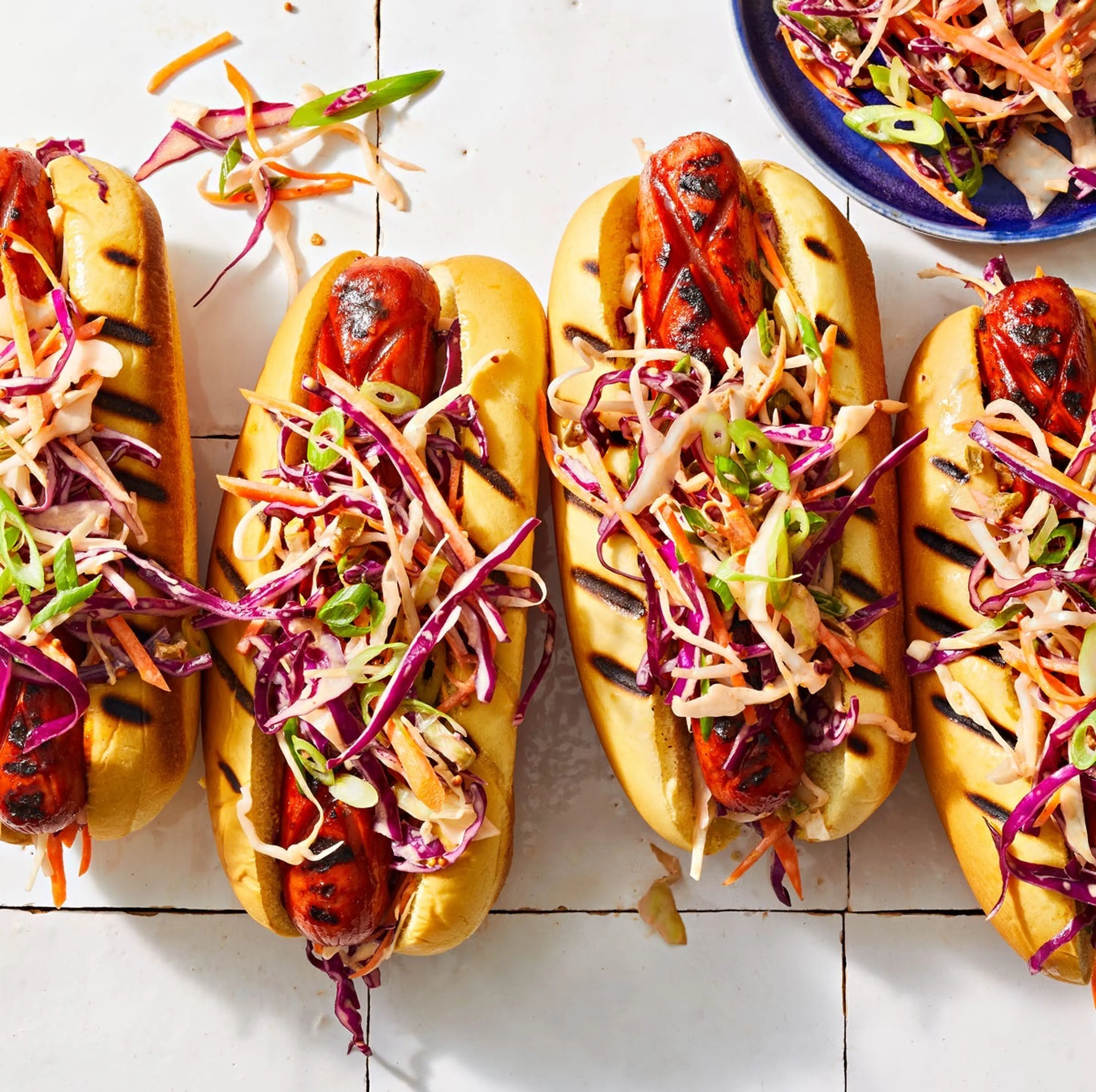 BBQ-Glazed Hot Dogs with Spicy Slaw
