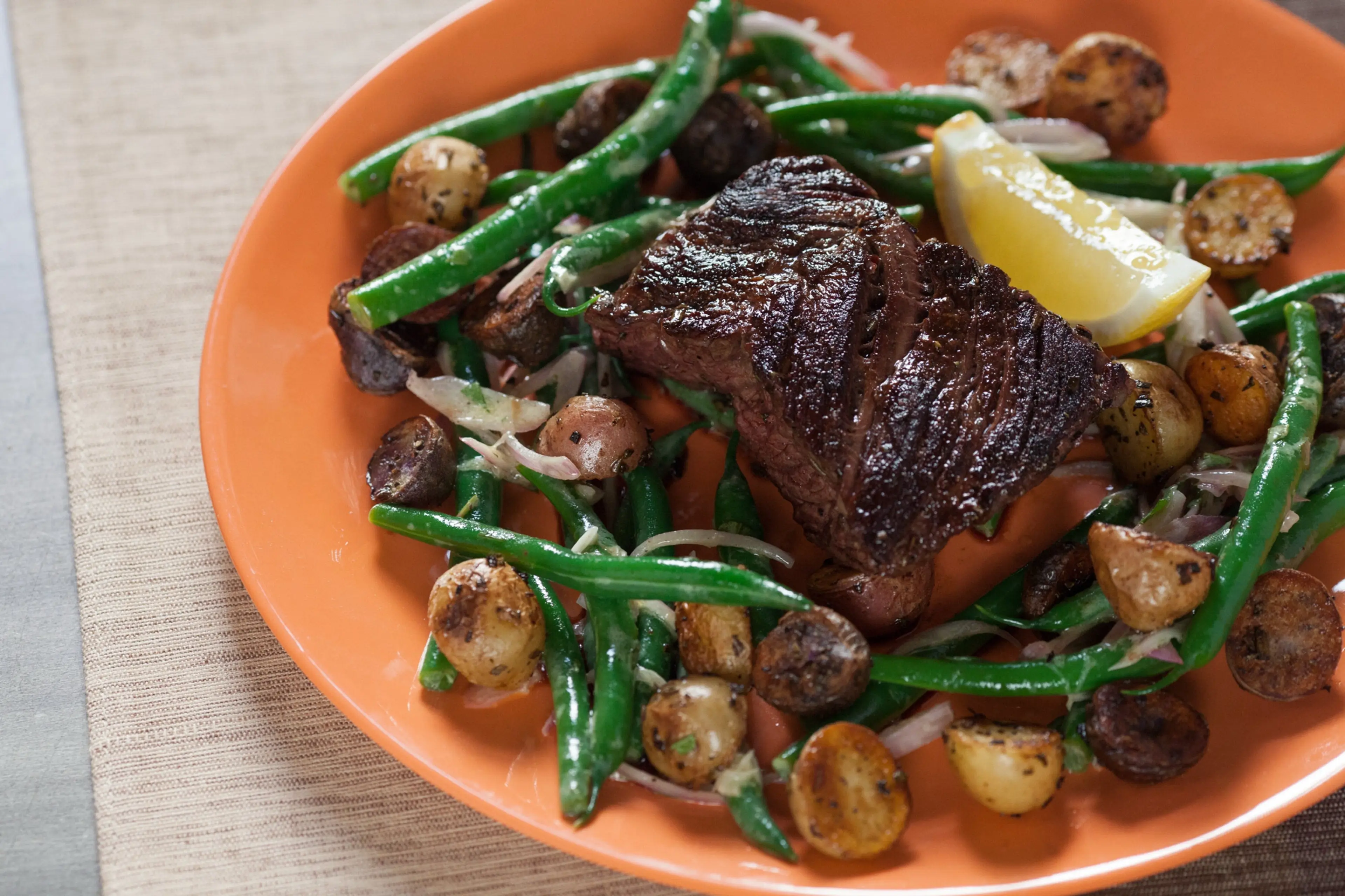 Seared Hanger Steak with Rosemary Fingerling Potatoes & Gree