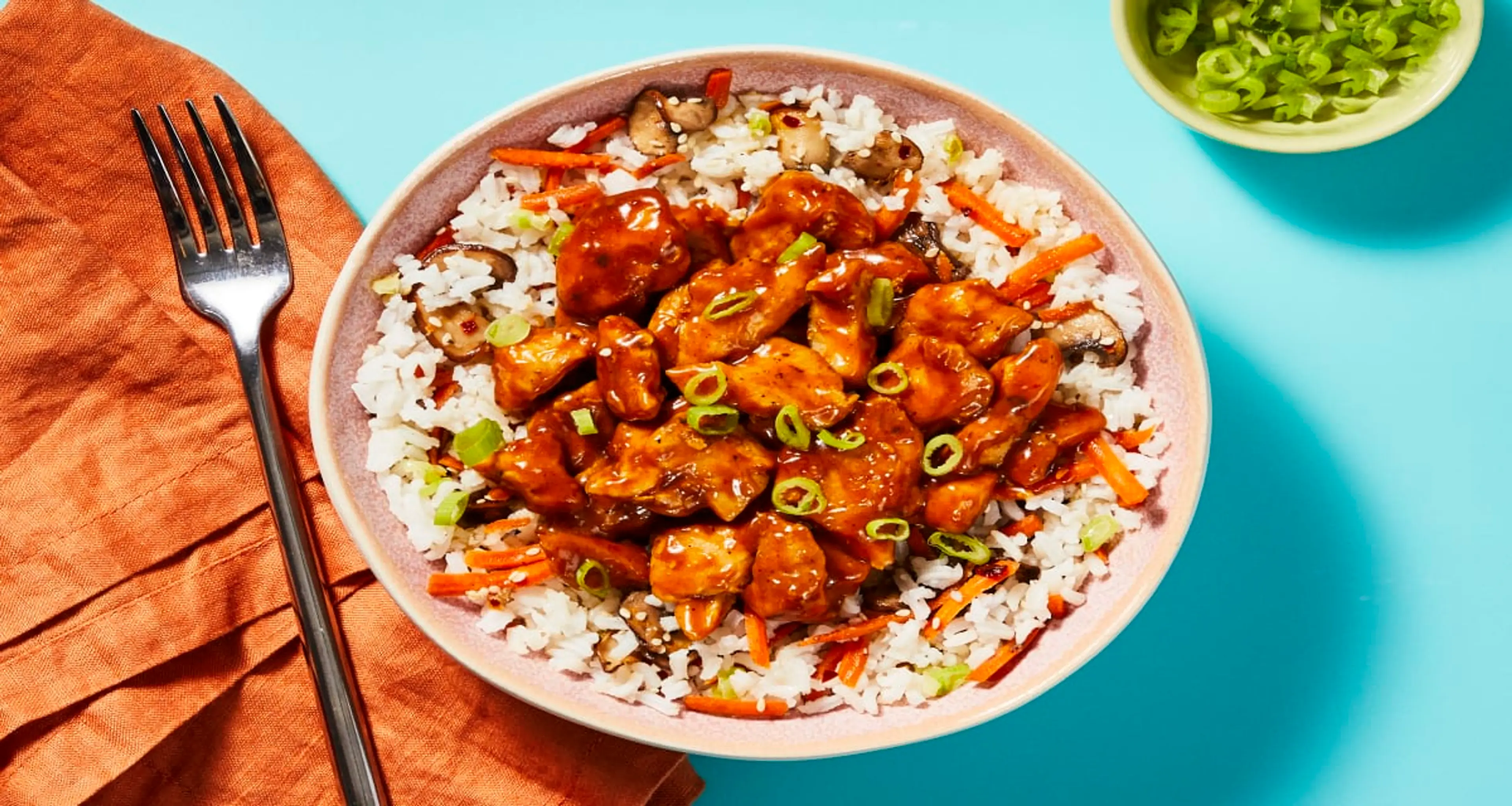 Sticky-Spicy Chicken & Sesame Rice Bowls with Mushrooms & Ca