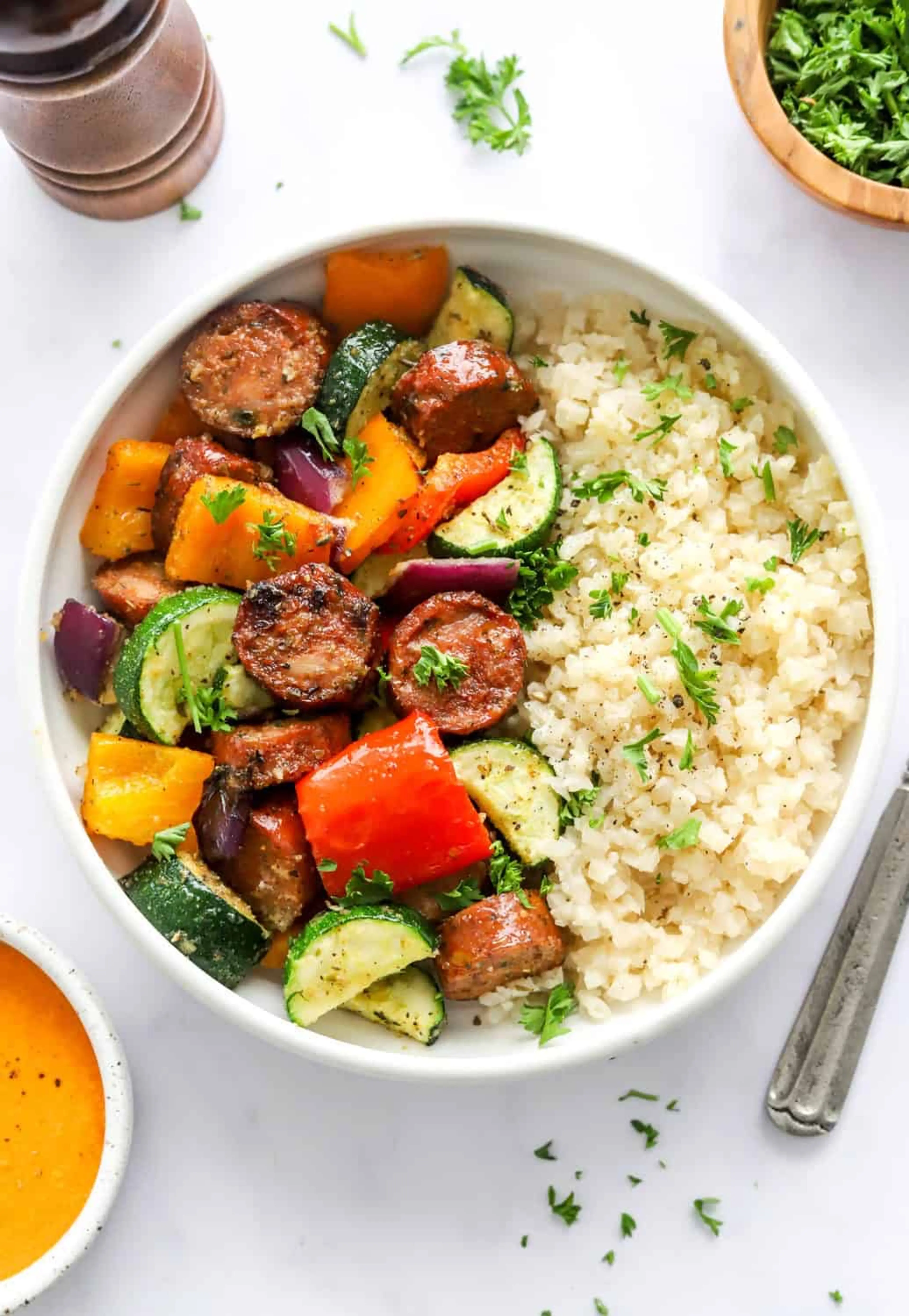 10 Minute Air Fryer Chicken Sausage and Veggies