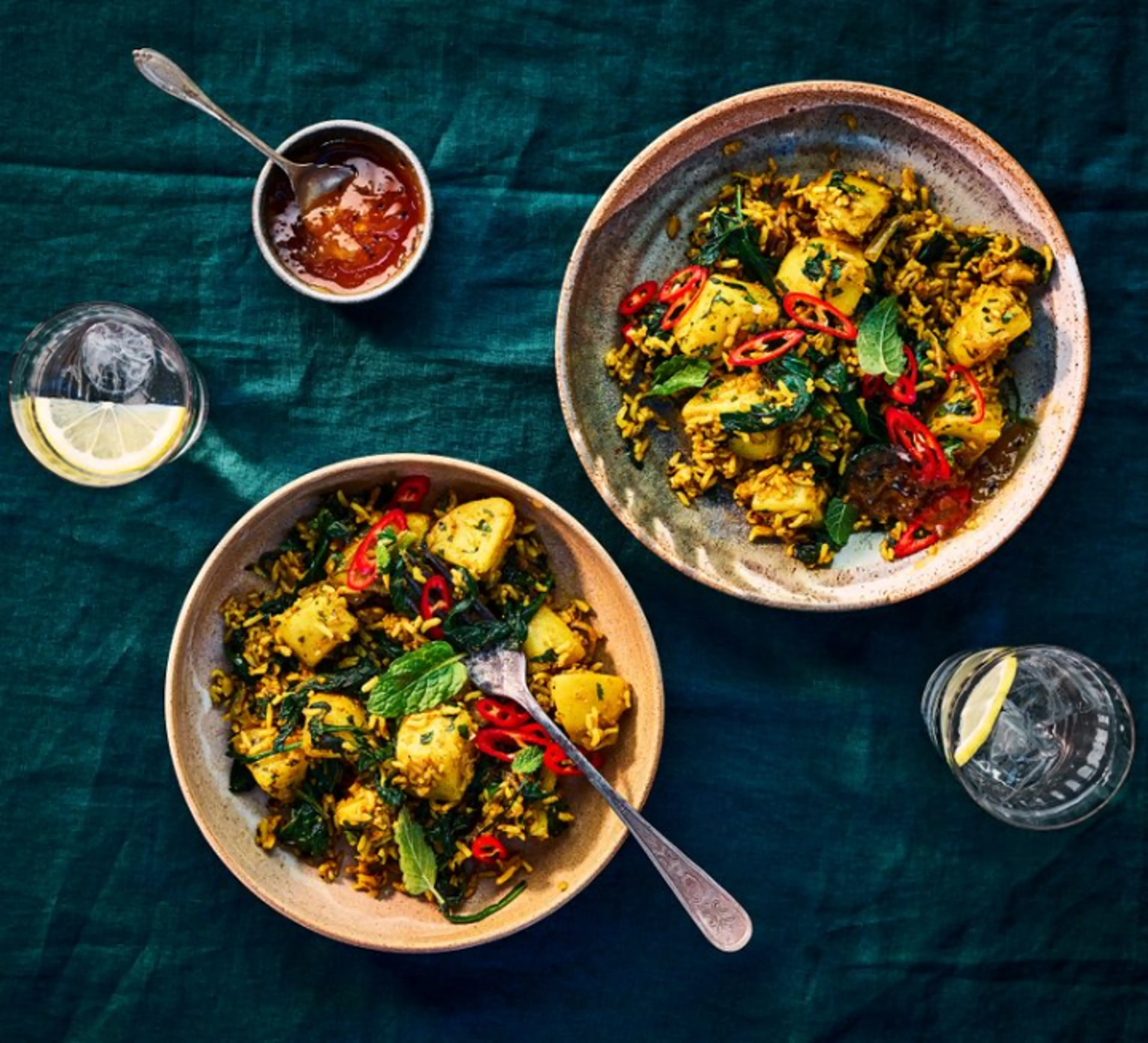 Cheat's spiced spinach, turmeric & potato pilaf