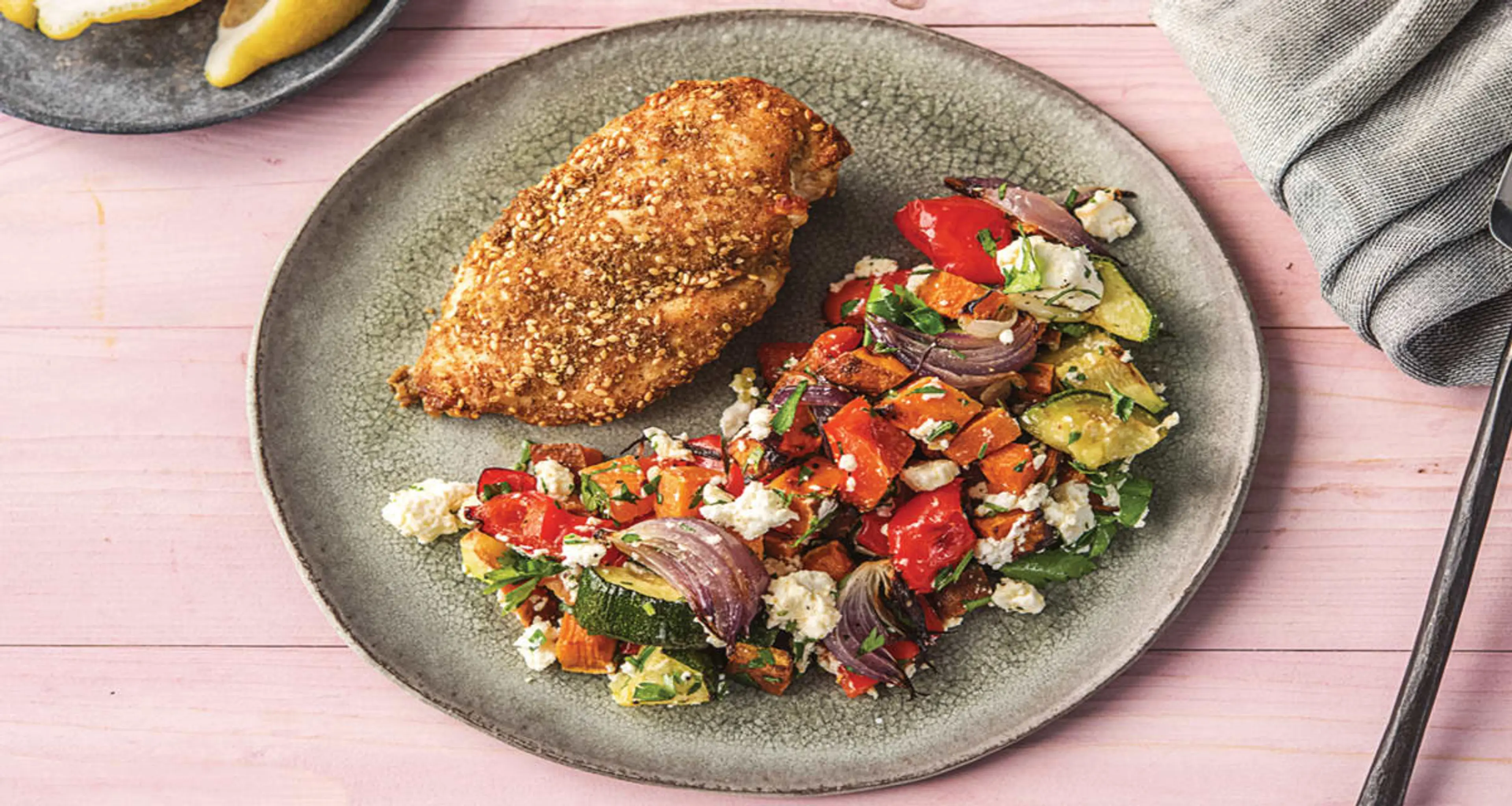 Dukkah Crusted Chicken with Herb & Fetta Roast-Veggie Toss